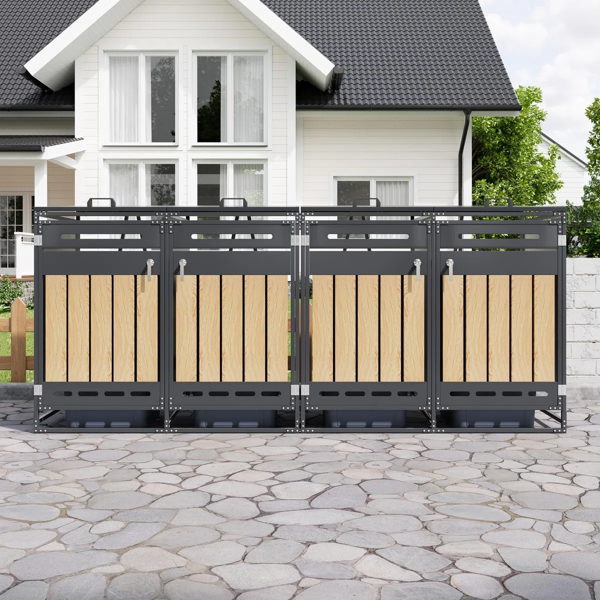 Contenitore per bidoni della spazzatura con coperchio idraulico, rivestimento verticale effetto legno, ventilazione a fori lunghi, armadio da giardino in ferro con serratura (1, grigio-2)