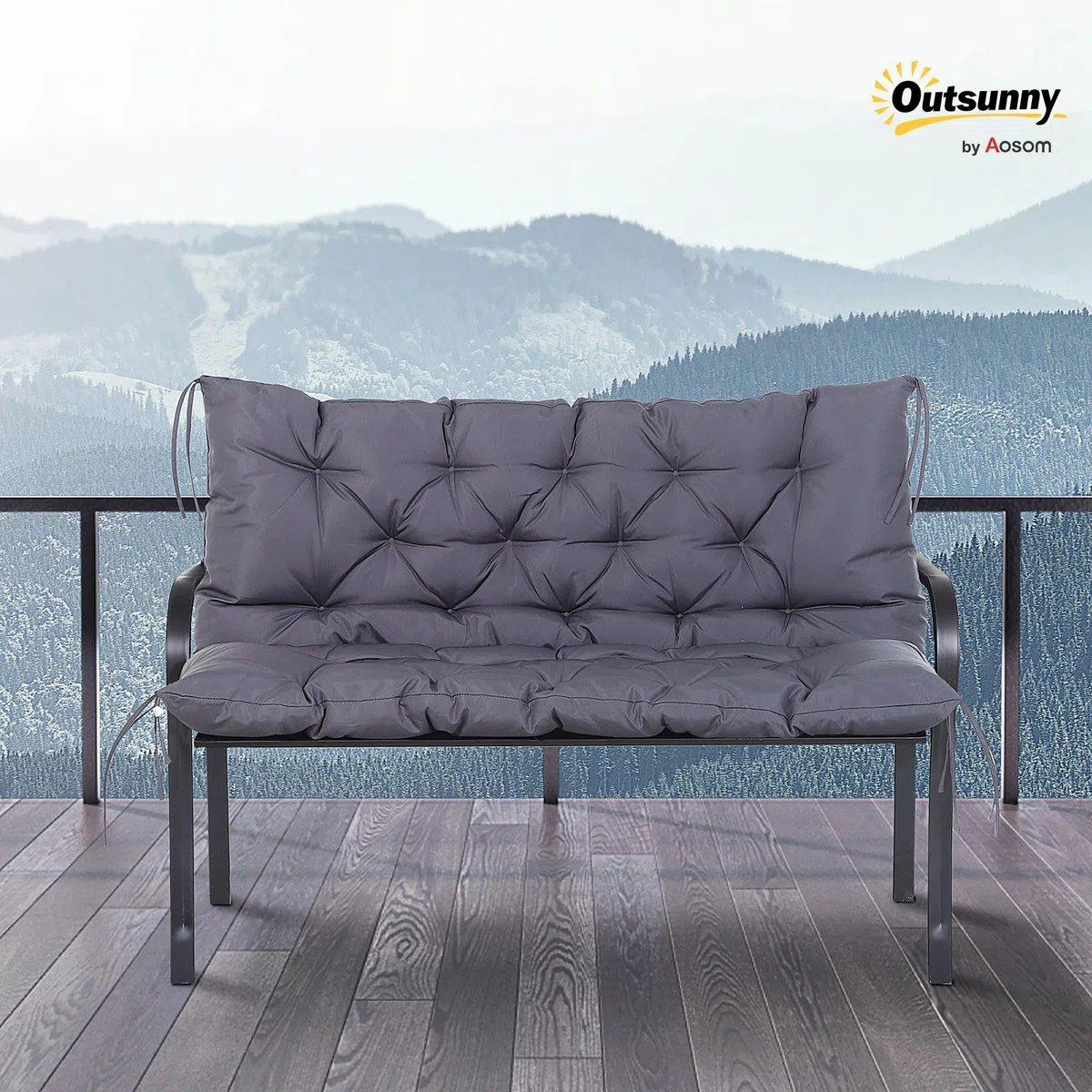 Outsunny Cuscino da Giardino 2 Posti per Sedute da Esterno con Schienale e 6 Lacci, Cuscino da Esterno Imbottito in Cotone e Poliestere, per Divani Dondoli Panche, 132x110x10 cm, Grigio Scuro