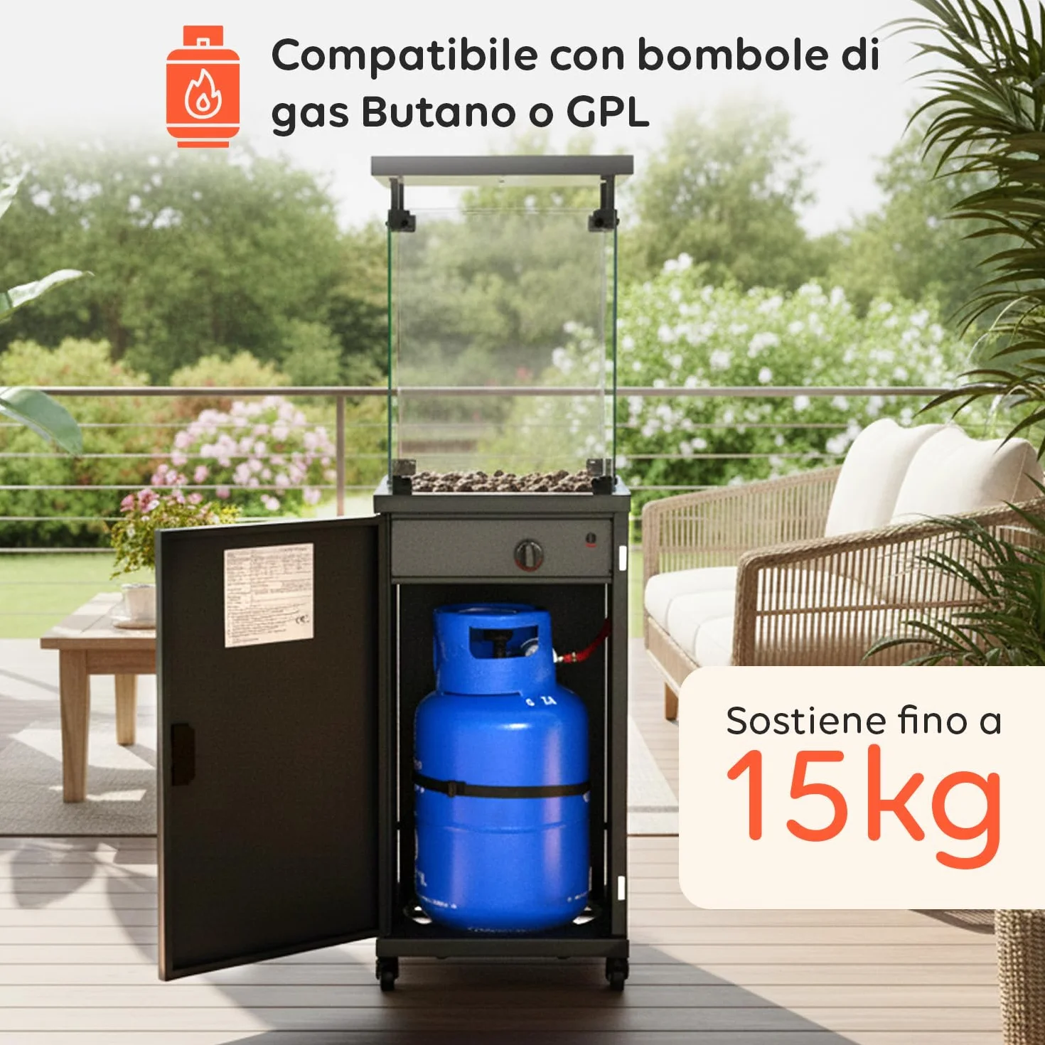 Avilia – Stufa a Gas a Caminetto da Esterno con Accensione Piezoelettrica e Roccia Lavica per Riscaldamento fino a 15 m², Camino Decorativo con Ruote Integrate e Potenza Regolabile fino a 12 kW