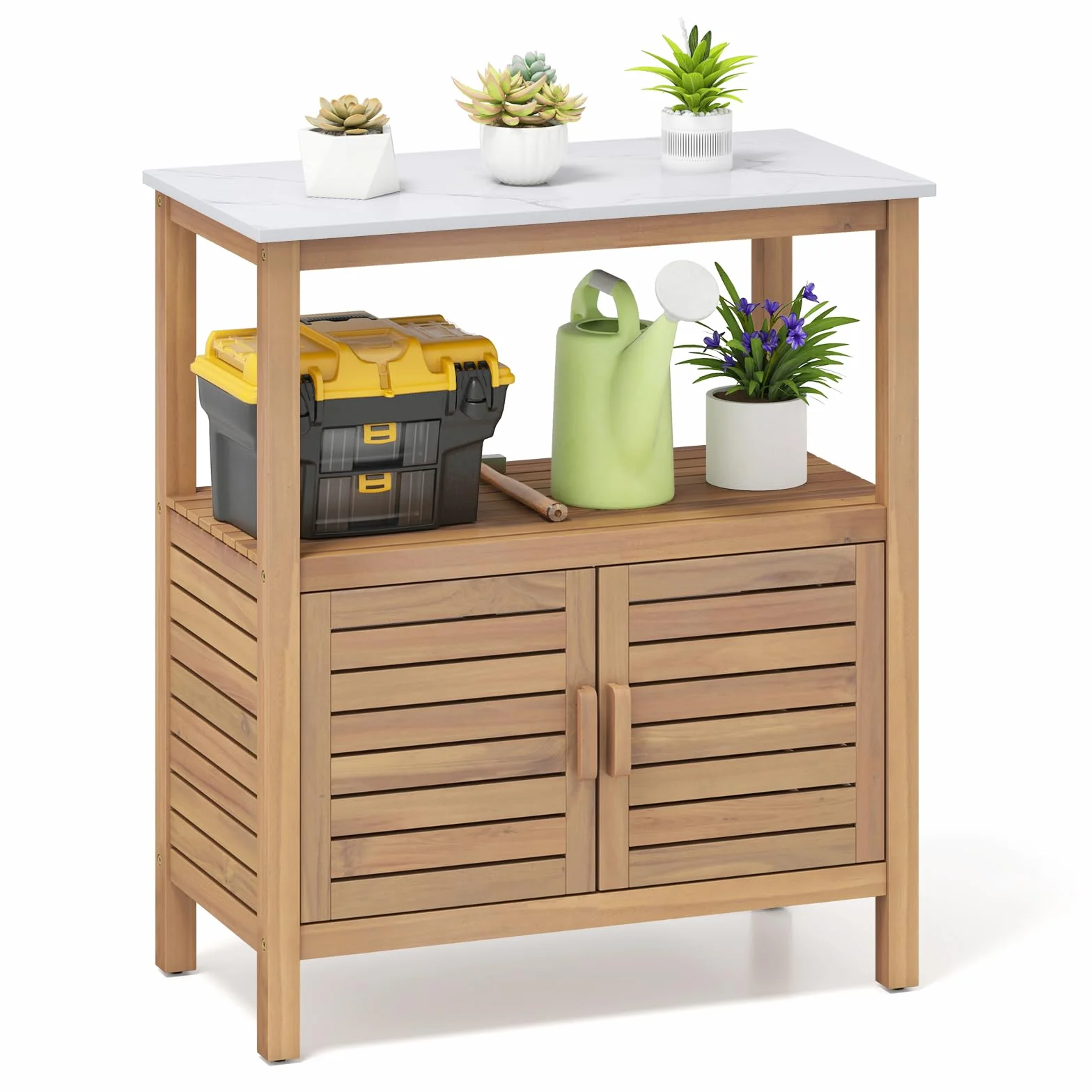COSTWAY Armadio da Esterno Impermeabile in Legno di Acacia, Mobile Esterno Balcone con Piano di Lavoro in Resina, 2 Ante Persiana e Ripiano Aperto, per Piante e Attrezzi, Naturale, 80 x 40 x 90,5 cm