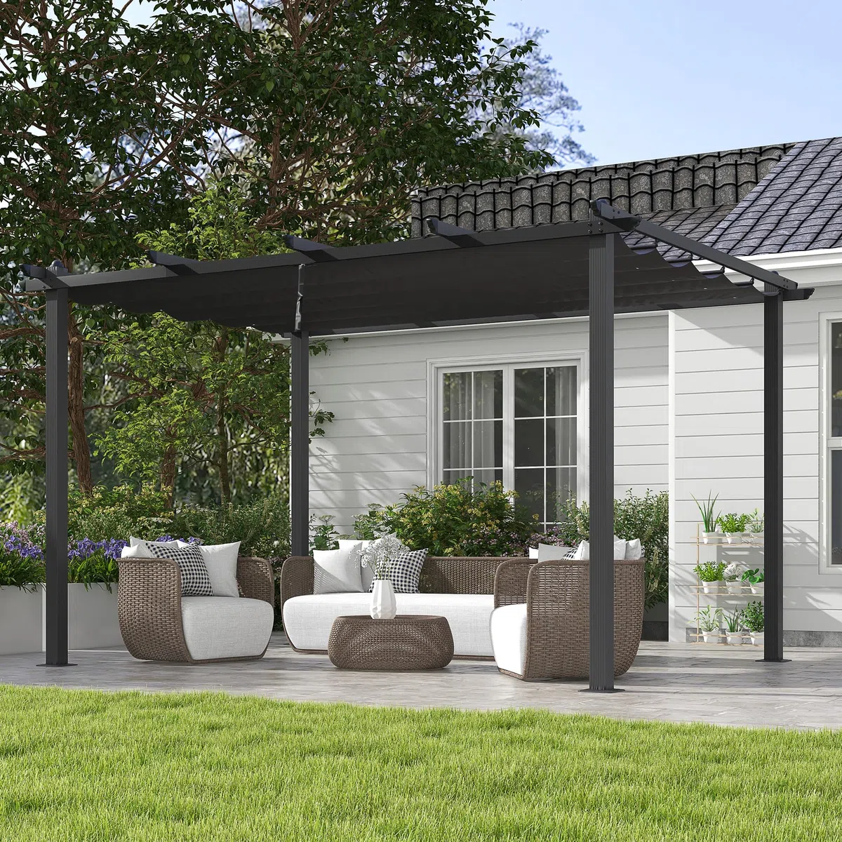 Outsunny Gazebo per Giardino 4x3 m con 8 Fori di Drenaggio, Picchetti e Viti, Pergola in Metallo, Alluminio e Poliestere, Grigio Scuro