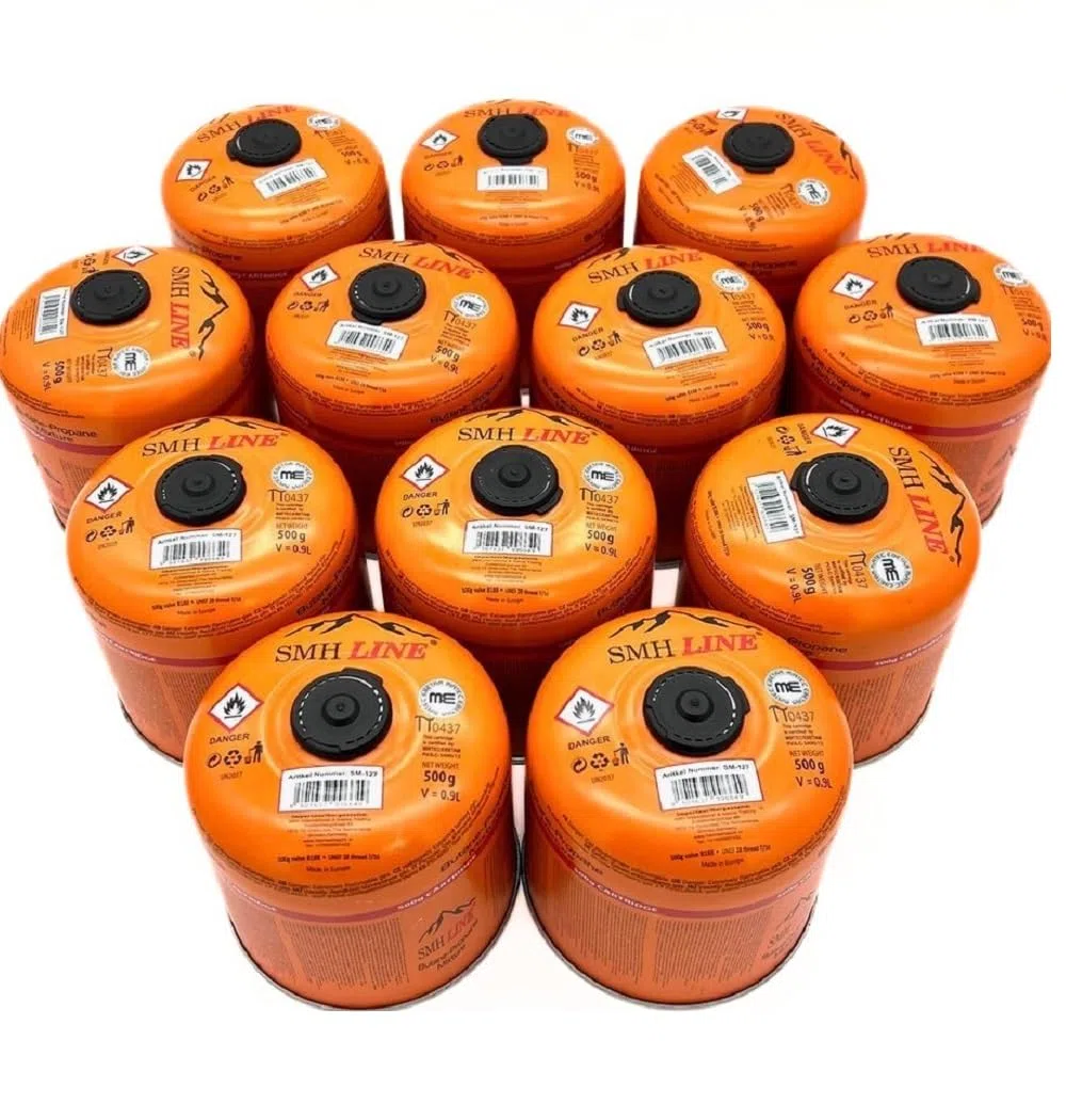 SMH LINE Cartuccia a vite butano 12 x 500 g filettatura universale 7/16 cartucce di gas cartuccia valvola EN 417 filettatura Bruciatore a filo propano miscela cucina campeggio fornello a gas