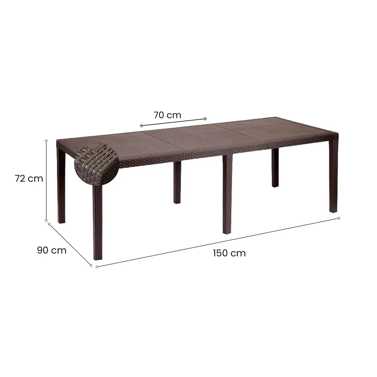 Dmora - Tavolo da esterno Roma, Ripiano rettangolare allungabile da pranzo, Tavolo da giardino estensibile effetto rattan, 100% Made in Italy, 150/220x90h72 cm, Marrone
