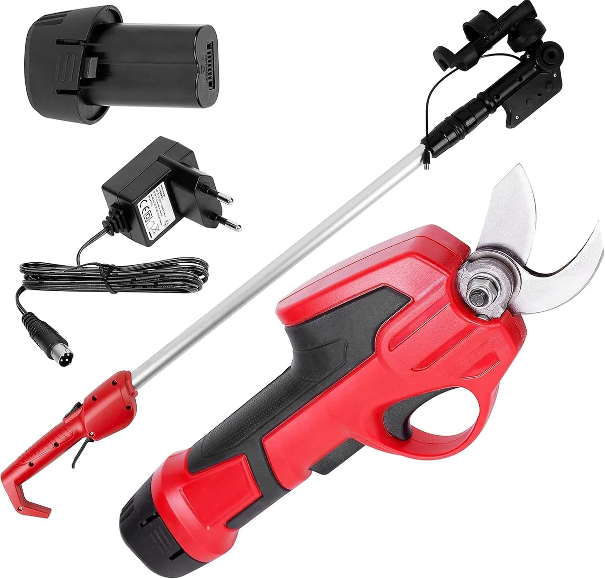STREND PRO Forbici Potatura a Batteria Telescopiche, Cesoie per Alberi e Giardini, Max. 22 mm, Asta Telescopica 170 cm, 7.2V, Rosse