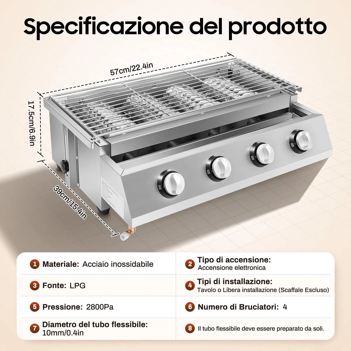 Barbecue a gas, barbecue da campeggio, barbecue BBQ con 4 bruciatori, barbecue da tavolo per campeggio, balcone, giardino, 58 * 40 * 20 cm