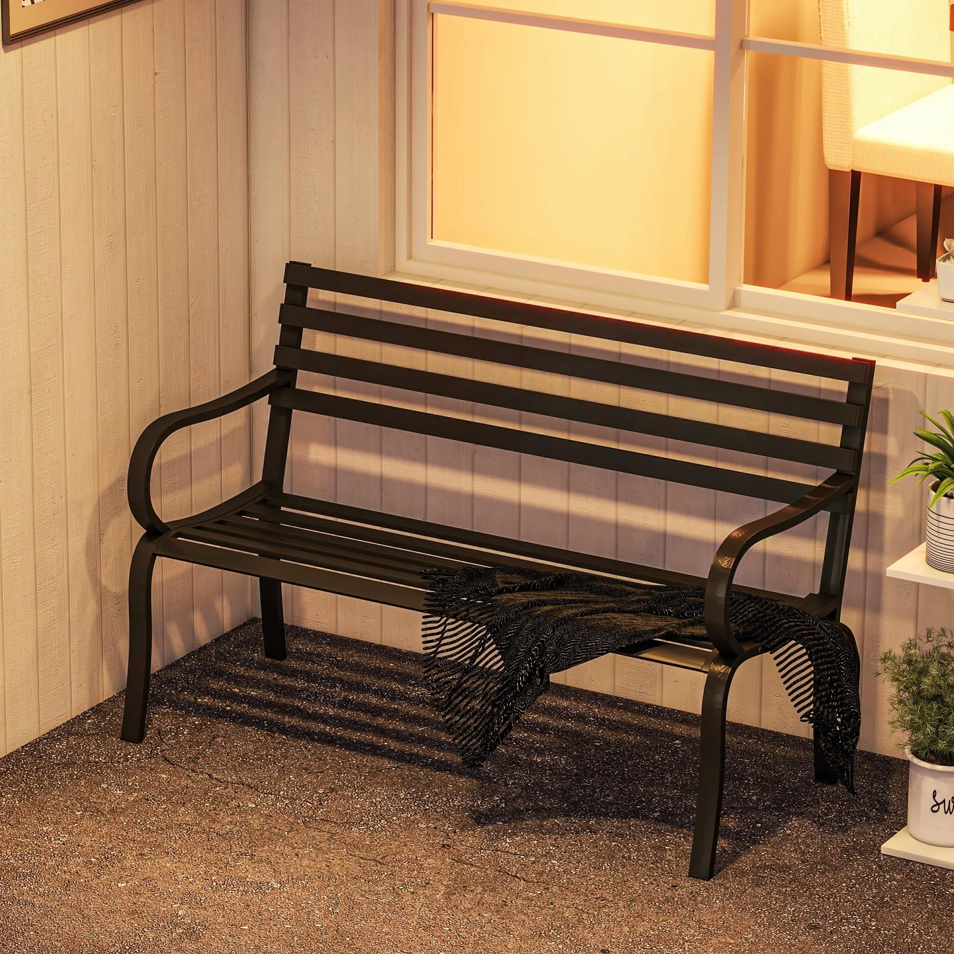 Outsunny Panchina da Esterno in Metallo Impermeabile Nero, Panca da Giardino a due Posti, 127 x 62 x 82cm - Max 240kg