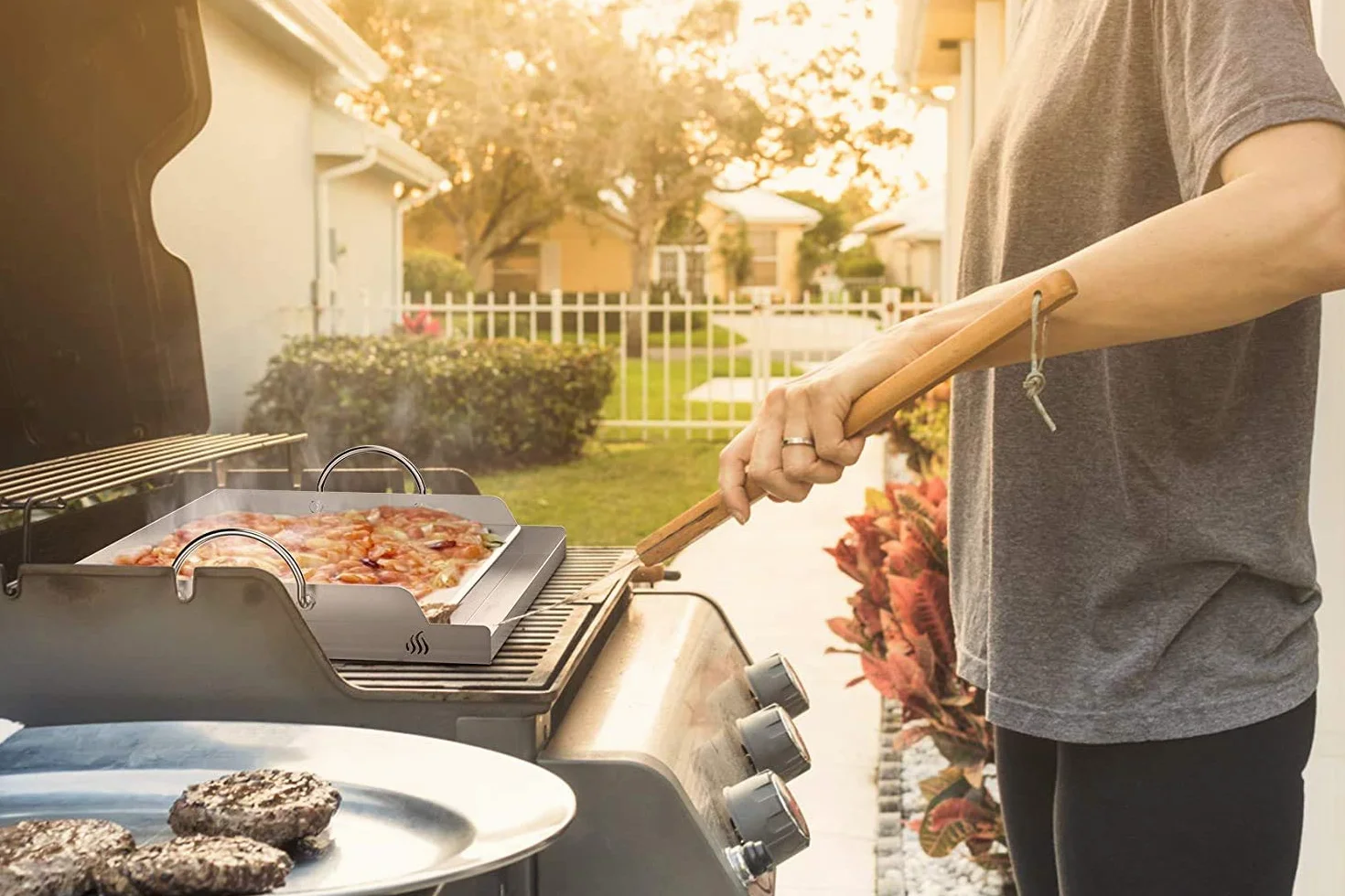 Onlyfire piastra BBQ universale in acciaio inossidabile per barbecue a carbonella, a gas e altri, rettangolare, 51 X 32 X 12,4 cm (larghezza x profondità x altezza)