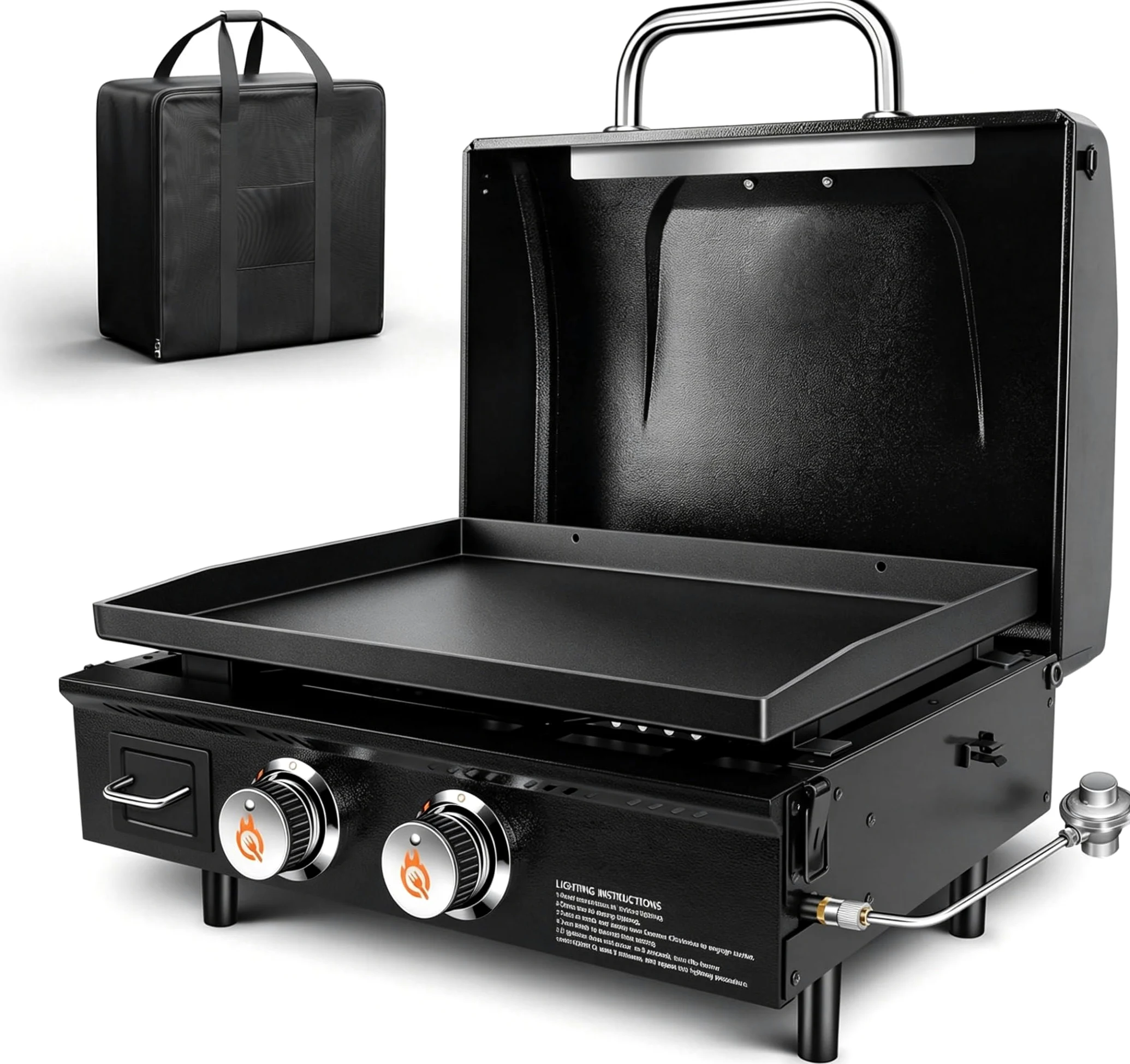 GFTIME Barbecue a gas da tavolo con 2 bruciatori, piastra Plancha a gas con parte superiore piatta, grill a propano con borsa per il trasporto, 55,9 cm, 48.000 BTU, piastre in ceramica antiaderente