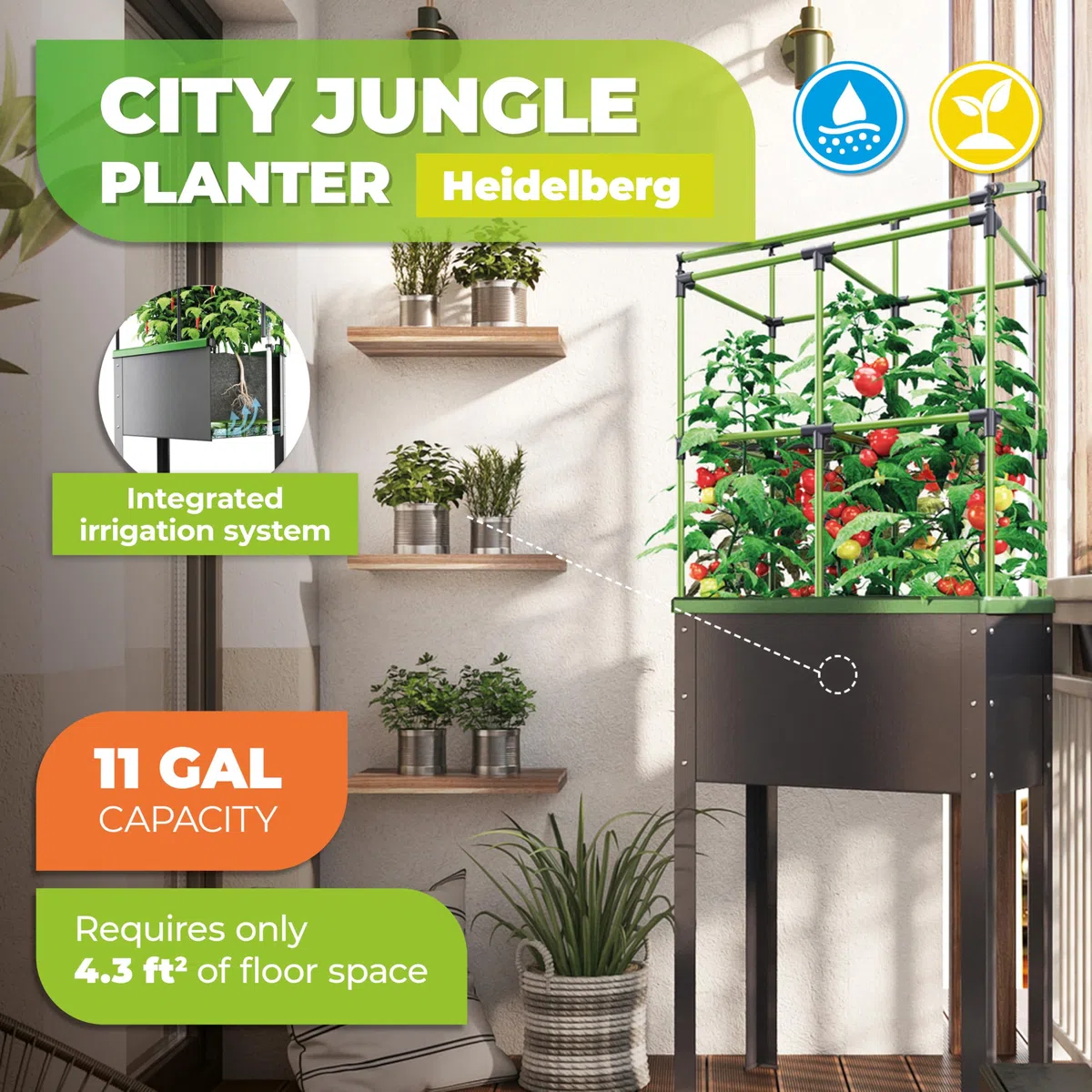 Bio Green JGL-HDB-L City Jungle Heidelberg - Vaso elevato, autoirrigante