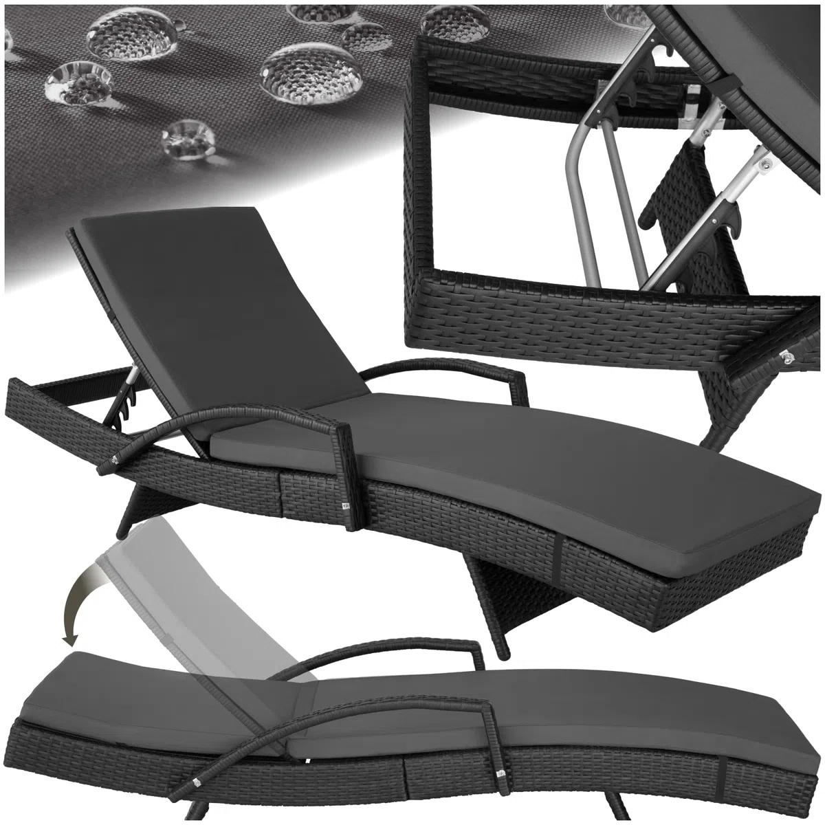 tectake® Lettino Prendisole in Rattan, Struttura in Alluminio, Schienale Regolabile, Cuscino lettino Imbottito Incluso, Lettino Ideale per Giardino, Piscina e Terrazza, Portata 150 kg - Nero