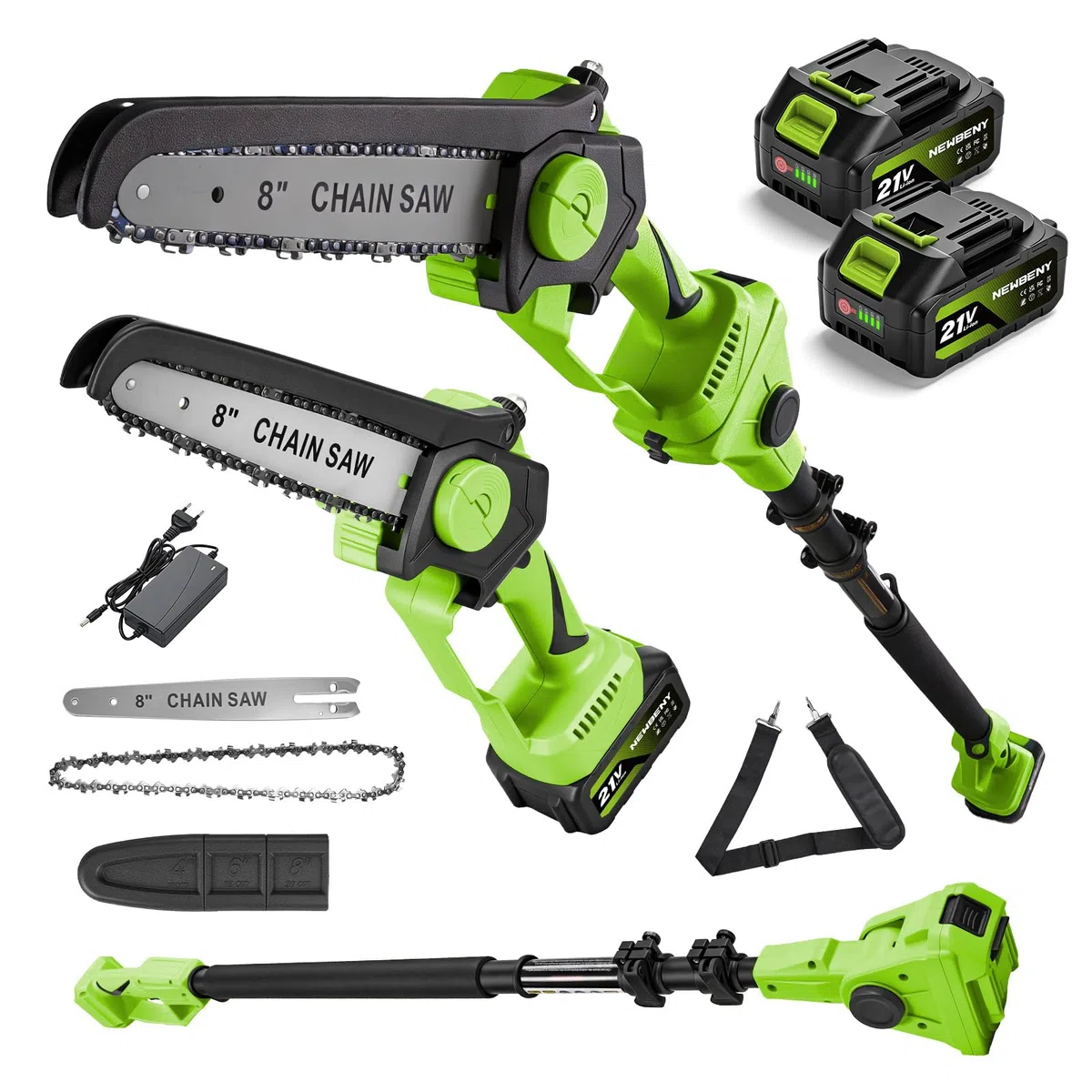 2 in 1 Potatore Telescopico a Batteria, Mini Motosega da 8 Pollici con Asta Telescopica, Potatore a Batteria con 2 Batterie da 3000 mAh, Utensili da Giardino per Potatura Alberi e Taglio Rami