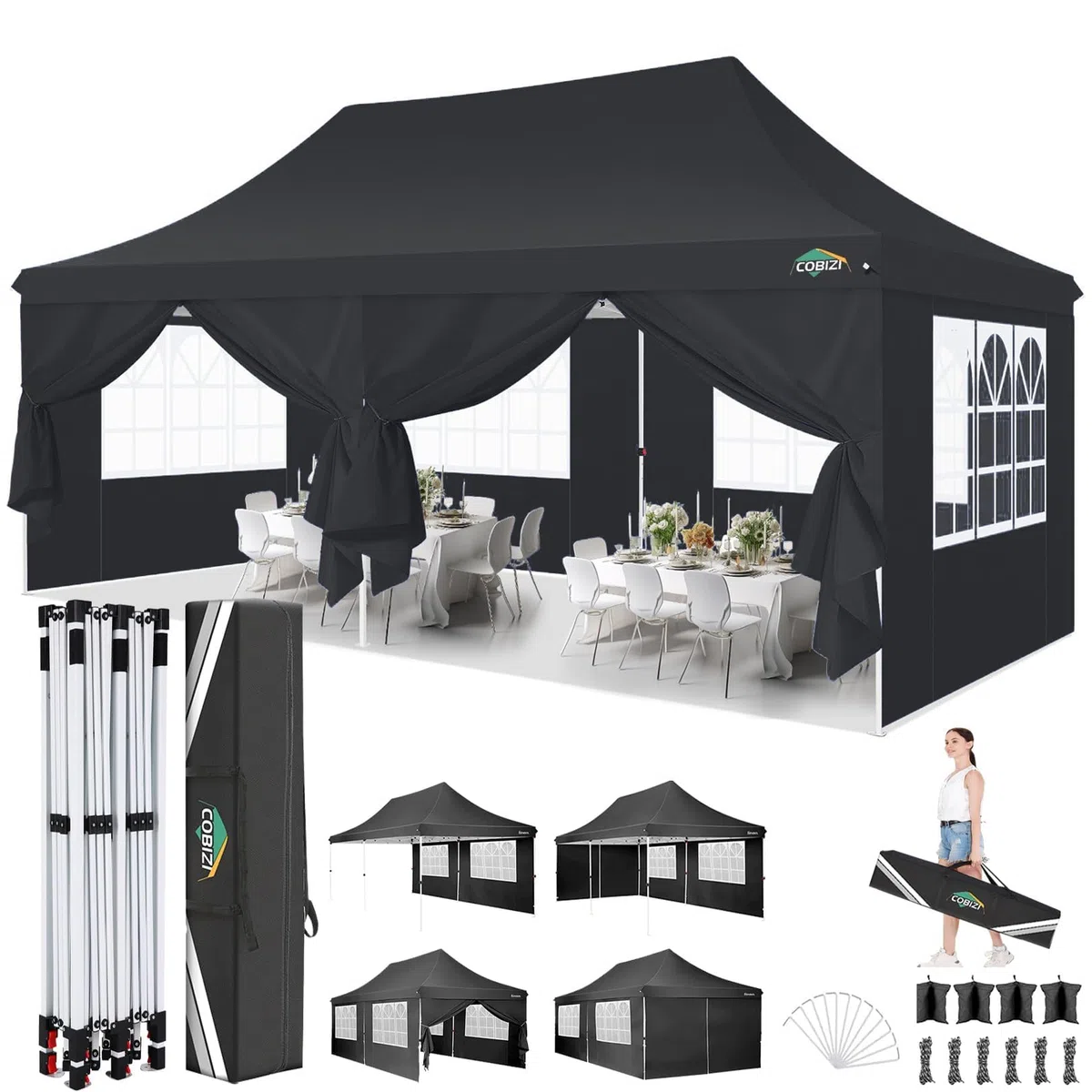 COBIZI Gazebo 3x6 Pieghevole Impermeabile con 6 Parti Laterali, UV 50+ Gazebo da Giardino Tenda Padiglione Pop up con 4 Sacchi di Sabbia, per Campeggio, Festival, Feste