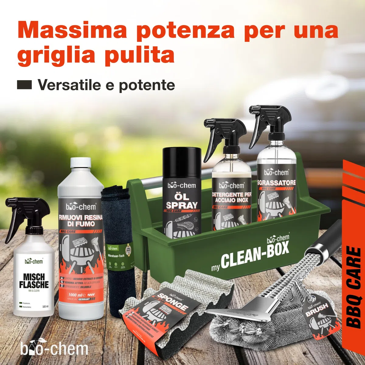 Bio-Chem - Set Pulizia per barbecue 9pz - Decapante resina 0,5L - Detergente per superfici bbq 750ml - Spray inox 750ml - Spray di olio 200ml - Kit completo con accessori griglie brillanti e protette