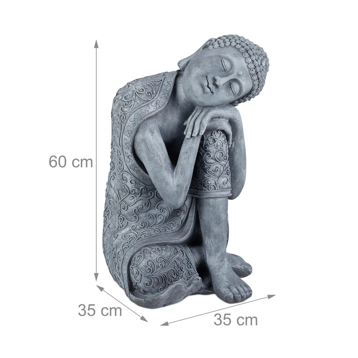 Relaxdays Statua del Buddha con Testa Piegata XL 60cm Ceramica Impermeabile Giardino Grigia