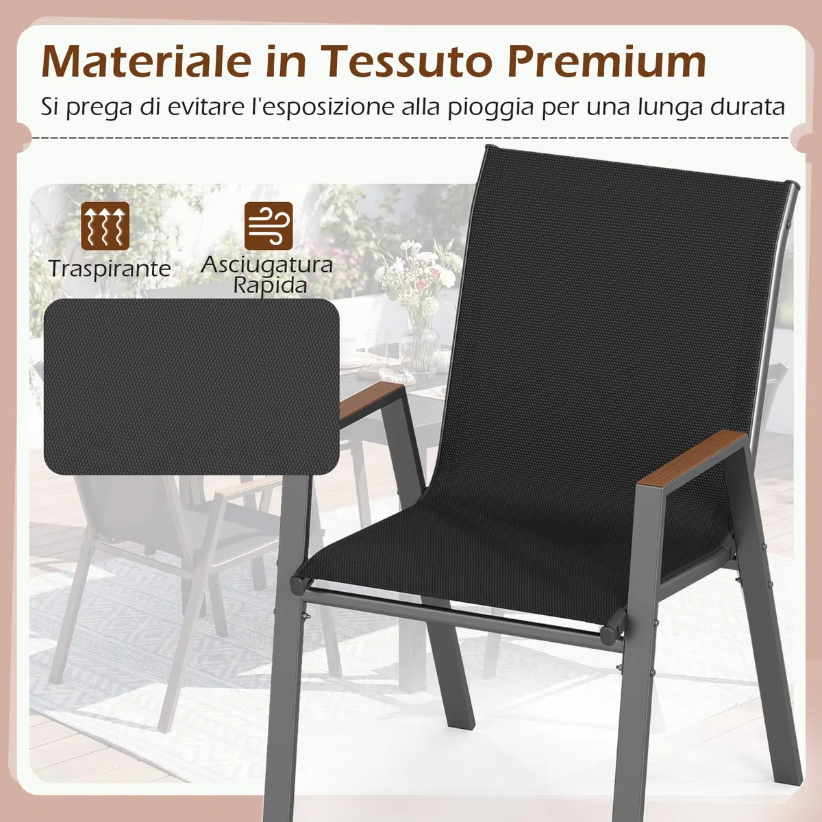 COSTWAY Set di 2/4 Sedie da Giardino, Poltrone in Tessuto Textilene per Esterno, Sedie Impilabili con Gambe in Metallo, Portata 180 kg, 56 x 66 x 88 cm (Nero,4)