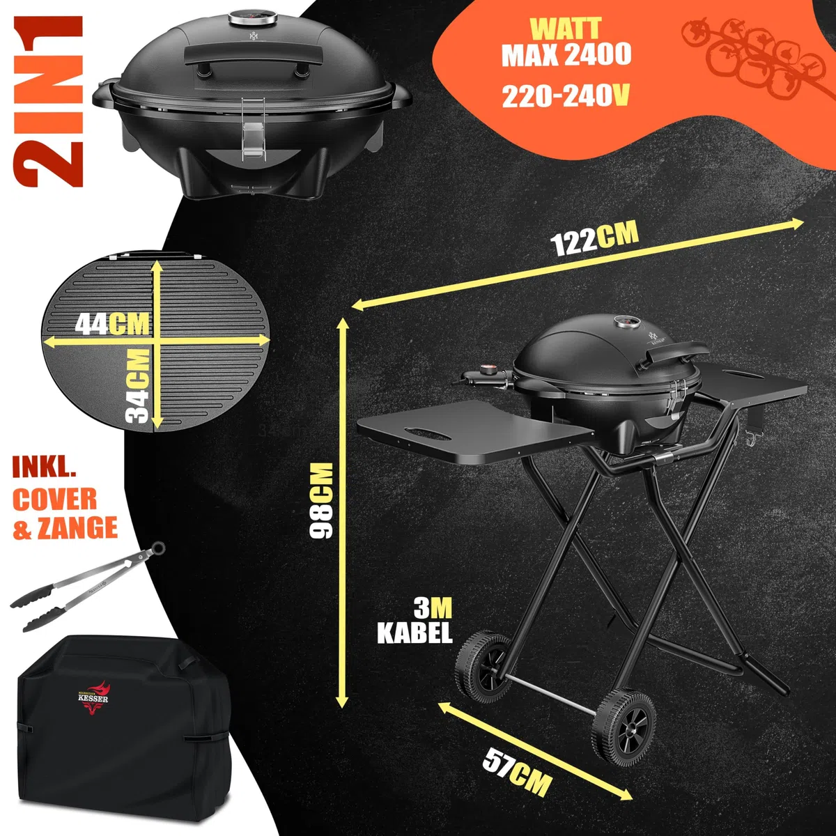 KESSER® Griglia elettrica 2in1 da tavolo - griglia da terra con coperchio | max. 2400 Watt | Pieghevole | Termostato | Rivestimento antiaderente | Piastra griglia tavoli di appoggio | 2 ruote | incl
