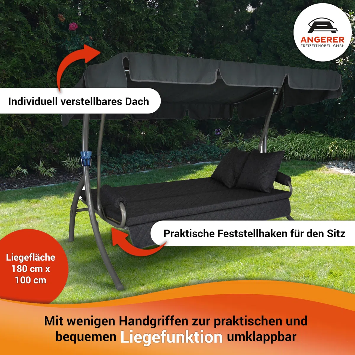 ANGERER Dondolo Hollywood Trend – Altalena per sedersi, sdraiarsi e rilassarsi, con funzione letto, facile da montare, Made in Germany, federe lavabili, grigio chiaro