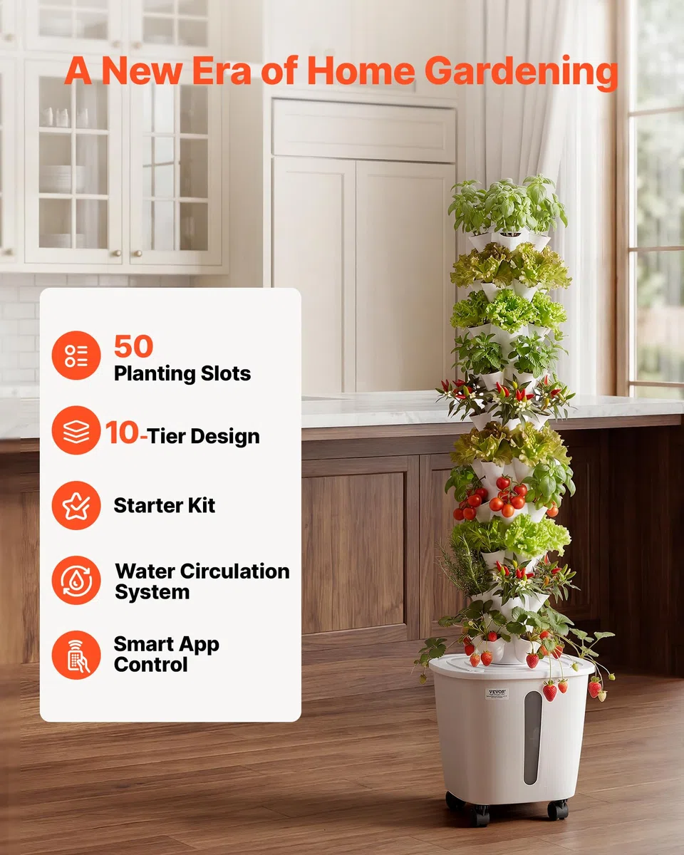 VEVOR Torre Idroponica da Interno, Sistema di Coltivazione Senza Terra a 10 Livelli con 50 Capsule, Controllo App e Ruote, con Serbatoio da 20 L e Pompa, per Erbe Aromatiche Fiori Frutta e Verdura