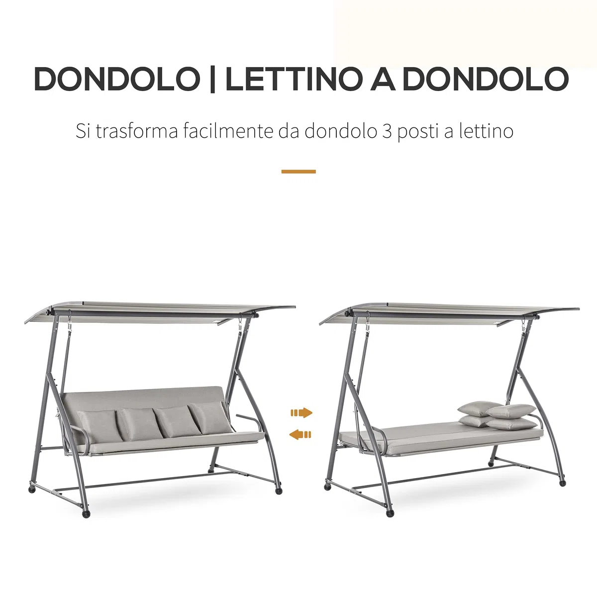 Outsunny Dondolo Letto da Giardino 3 Posti Convertibile in Letto e Tettuccio, Acciaio e Poliestere 218x120x168cm Cachi Chiaro