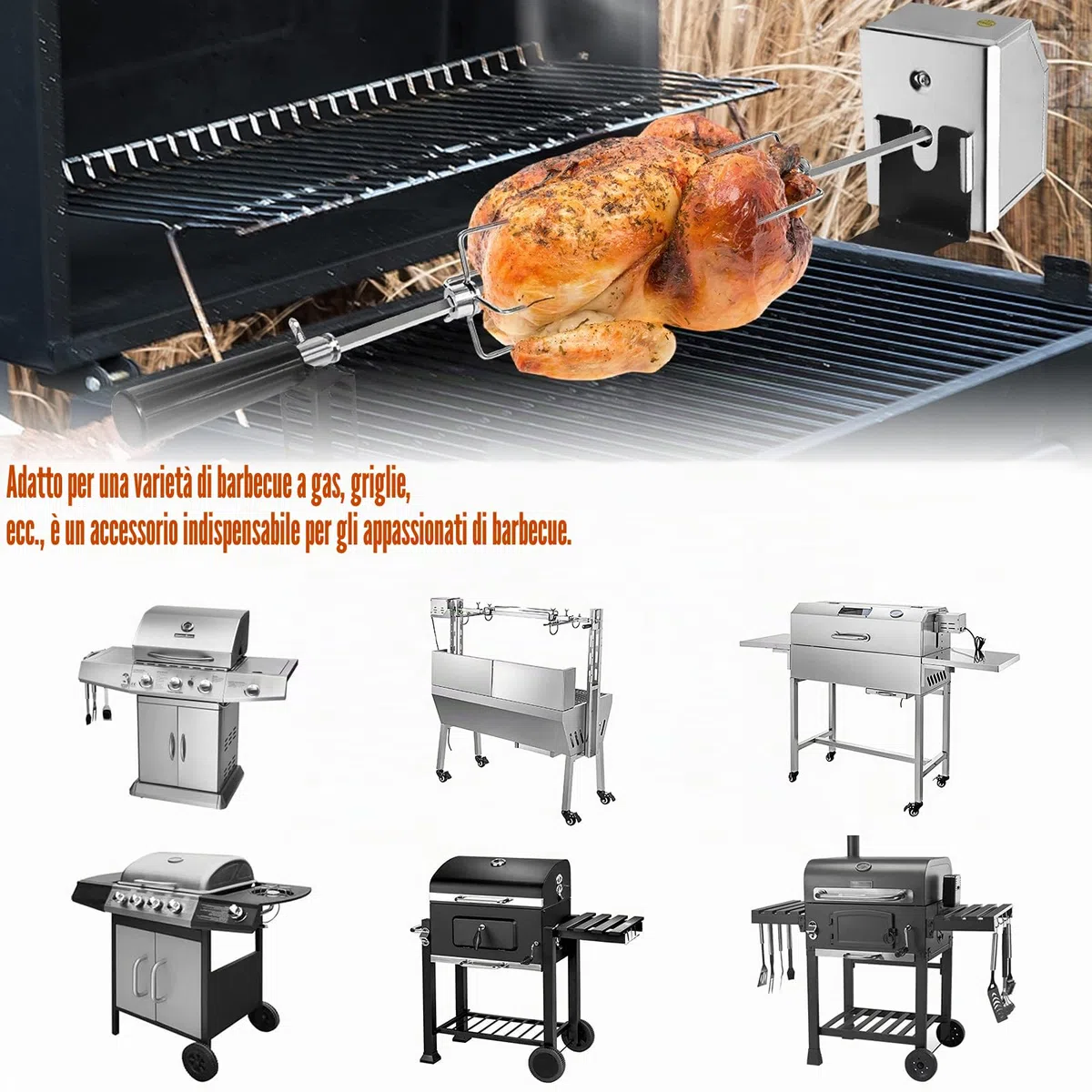 ACXIN Set spiedi elettrici in acciaio inox, 107 cm, motore, spilli da carne, spiedo girevole, griglia 2 forchette, per campeggio, feste, giardino, picnic (220-240V)