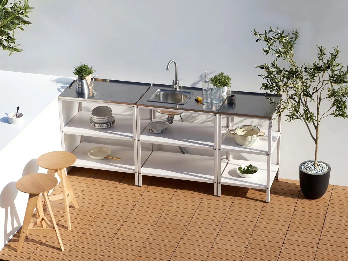 Beliani Isola da Giardino per Esterni Mensole per Cucina Piano in Acciaio Inox Bianco
