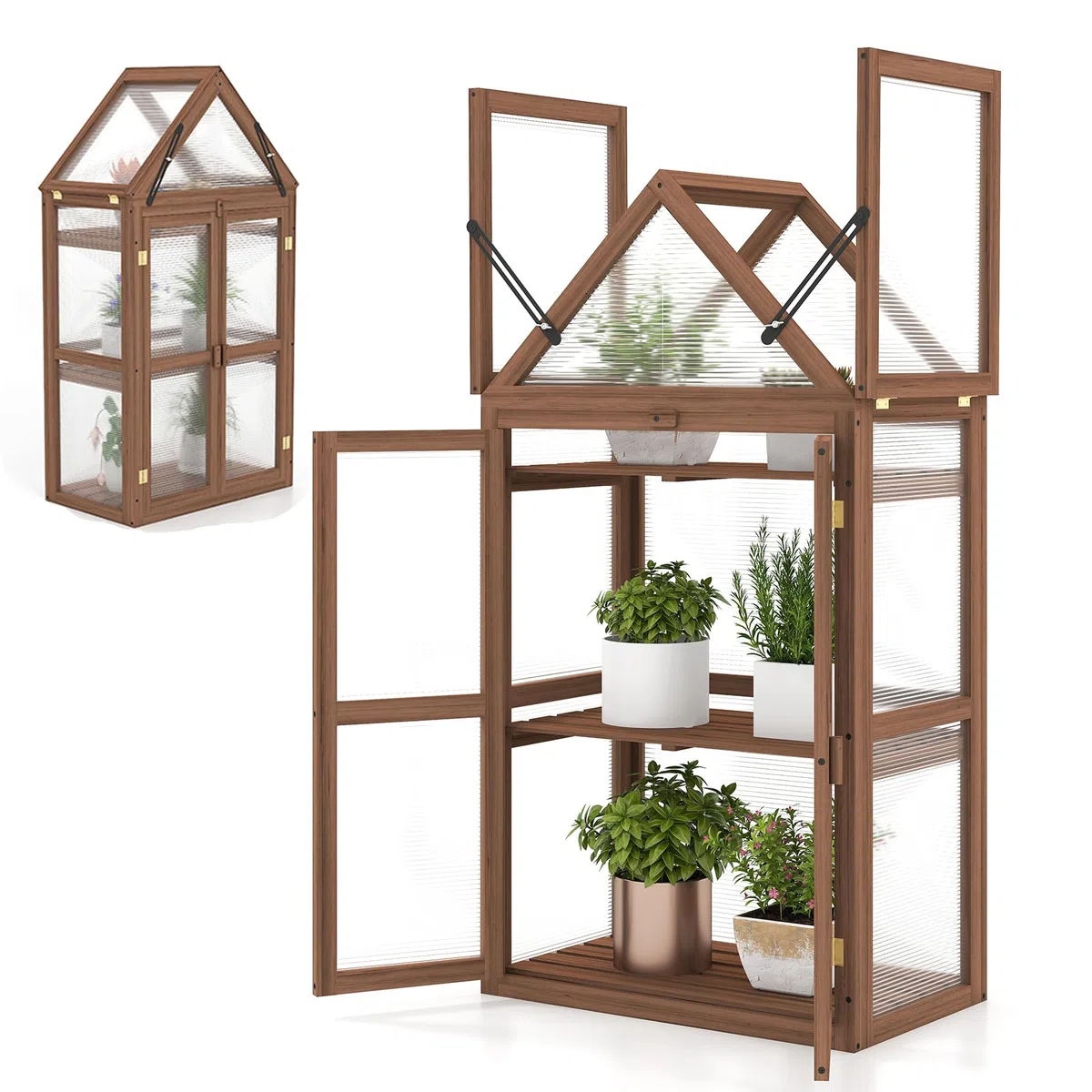 HOMASIS Mini Serra da Giardino a 3 Livelli Trasparente in Policarbonato, Serra da Balcone Invernale con 2 Porte, Tetto Apribile e Ripiani Regolabili, Struttura in Legno di Abete, 71 x 41 x 133 cm