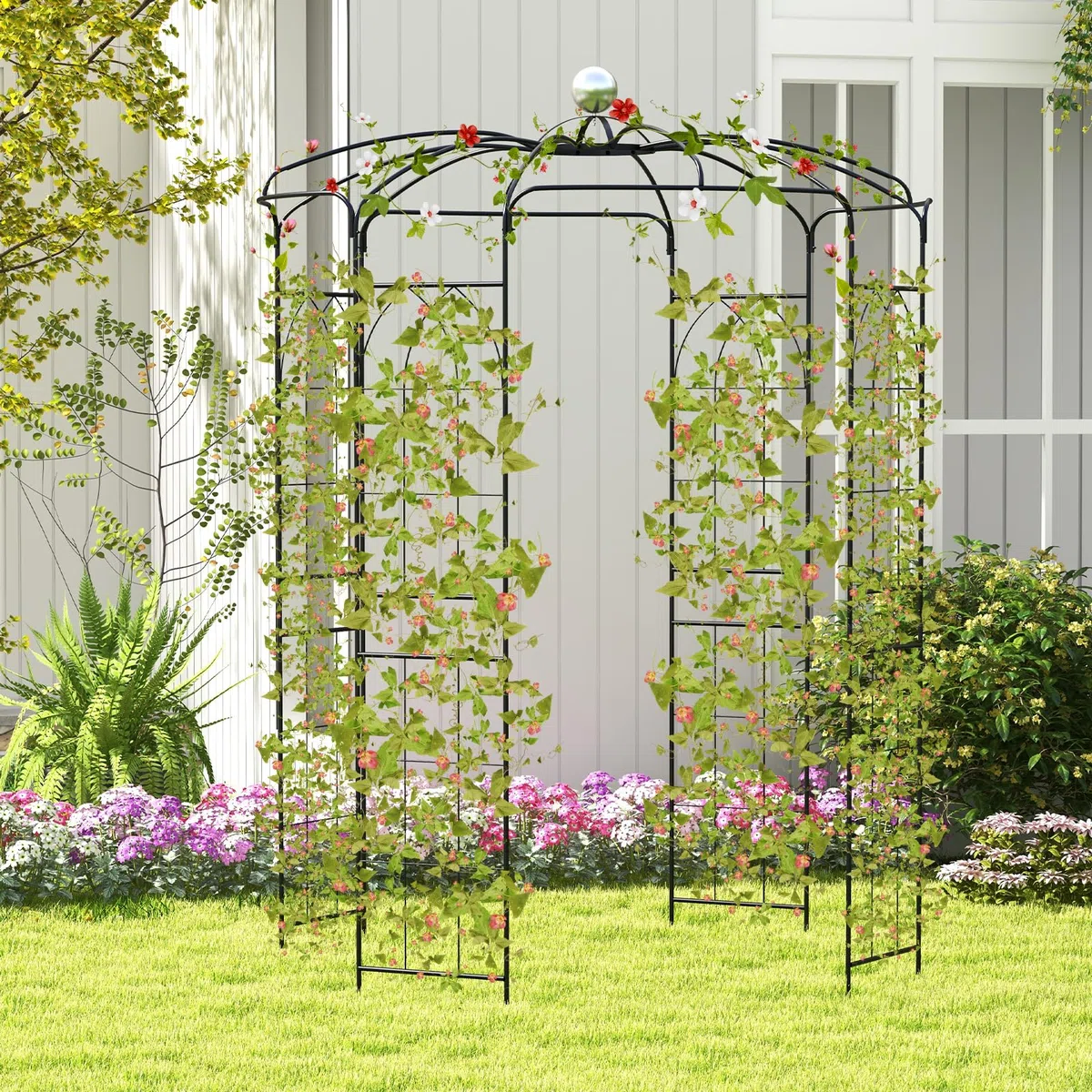 HOMASIS Pergolato da Giardino a Forma di Gabbia per Uccelli, Arco da Giardino in Metallo, Traliccio con Tettoia e 4 Lati per Piante Rampicanti, Pergola da Giardino per Matrimoni, Nero (198 x 284 cm)
