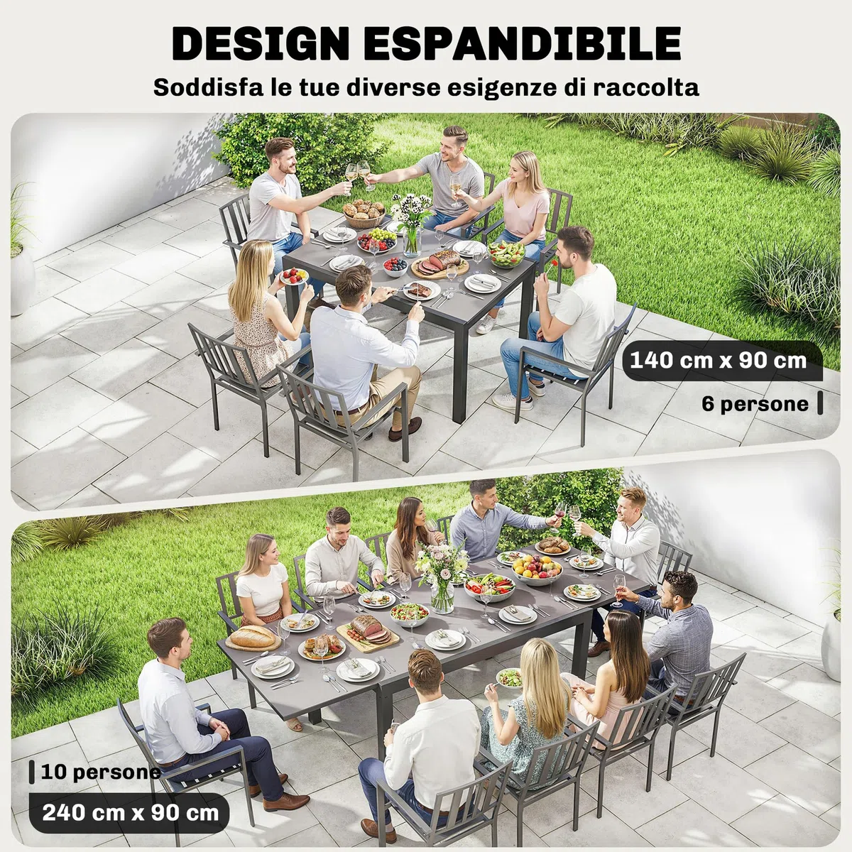 Outsunny Tavolo da Giardino Allungabile per 8-10 Persone 140/240x90 cm, Tavolo da Pranzo Estensibile Rettangolare con Piano in Vetro Temperato, Tavolo da Esterno per Patio Terrazzo Balcone, Nero