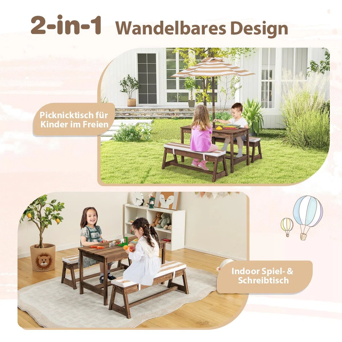 SOARS Set di Tavolo Picnic per Bambini con Ombrellone Regolabile, Panche per Bambini in Legno di Abete con Parasole e Cuscini Morbidi, Tavolo e Panchine Pranzo da Giardino e Parco (Marrone)