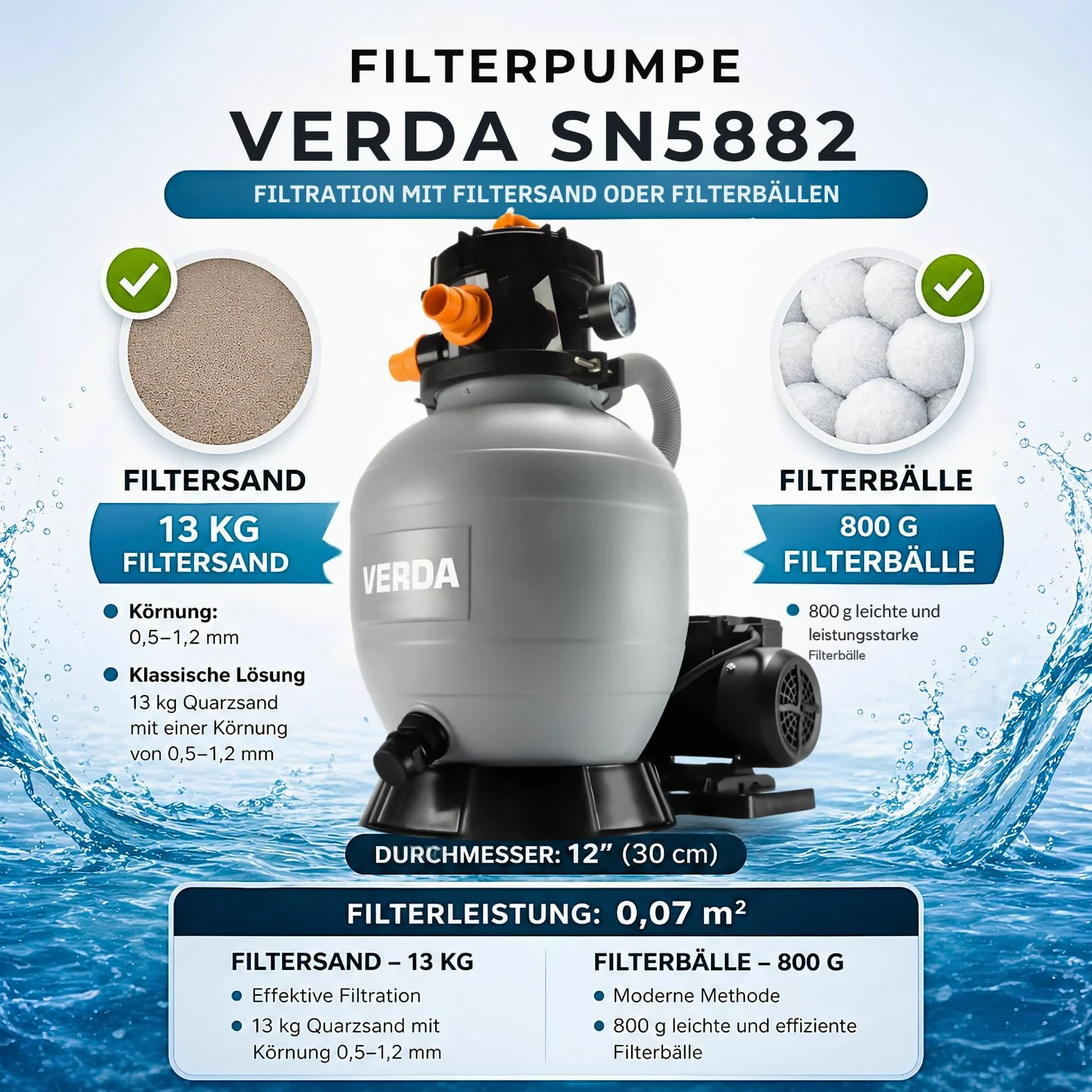 Verda Sistema di filtraggio a sabbia, pompa 10000 l/h, 400 W, con sfere filtranti, 10 m, altezza di mandata 38 mm, attacco 220-240 V, 50 Hz, filtro piscina SN5882
