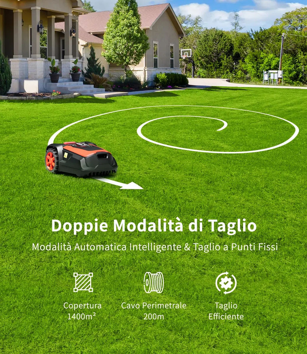 Robot Tagliaerba con Filo Perimetrale 1400 m², Pendenza 47%, Altezza di Taglio 25-65mm, Controllo via App