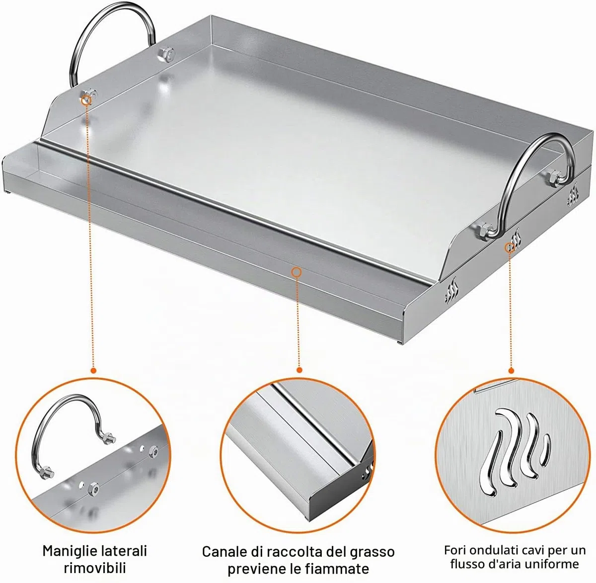 Onlyfire piastra BBQ universale in acciaio inossidabile per barbecue a carbonella, a gas e altri, rettangolare, 51 X 32 X 12,4 cm (larghezza x profondità x altezza)