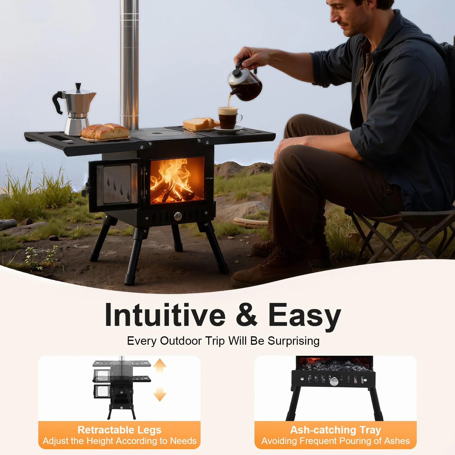 Stufa a legna pieghevole da campeggio con camino, altezza regolabile 36-56 cm, per esterni, barbecue e riscaldamento (acciaio inossidabile)