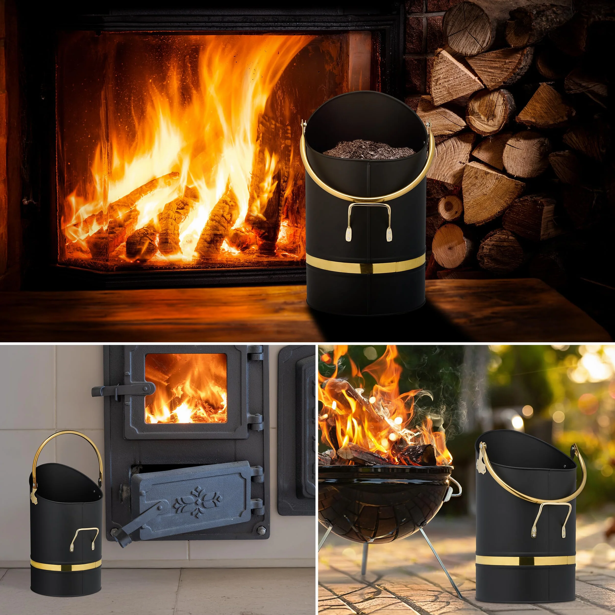 Relaxdays Contenitore Porta Carbone da Camino, Secchio Pellet Caminetto, Secchiello Portacenere da 12 L, Ferro, Nero Oro