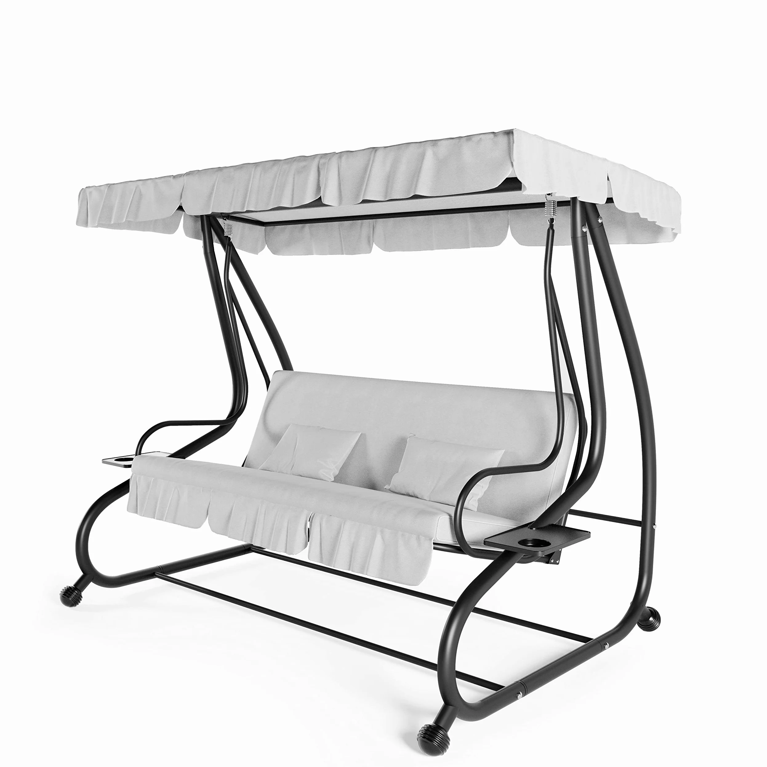 Dondolo Reclinabile 3 Posti Con Cuscini Imbottiti Parasole Tettuccio Regolabile Diventa Letto Struttura Acciaio Robusto Verniciato Giardino Esterno Balcone Terrazzo Piscina 200 x 120 x 160 cm Grigio