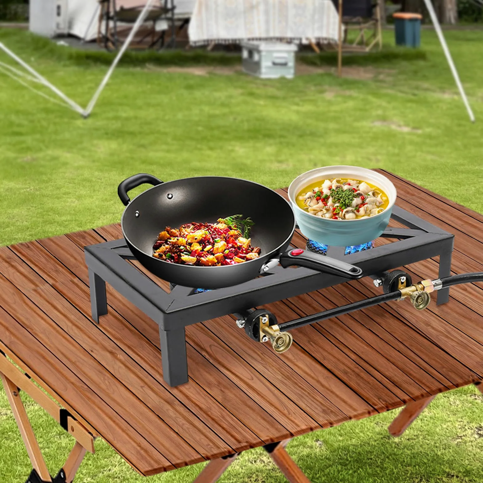 Fornello a Gas da Esterno Nero Fornello a Gas 8000W Bruciatore Doppio in Ghisa con Tubo del Regolatore, Griglia a Gas Portatile da Campeggio per Campeggio Giardino BBQ Gambe Fisse Portatile