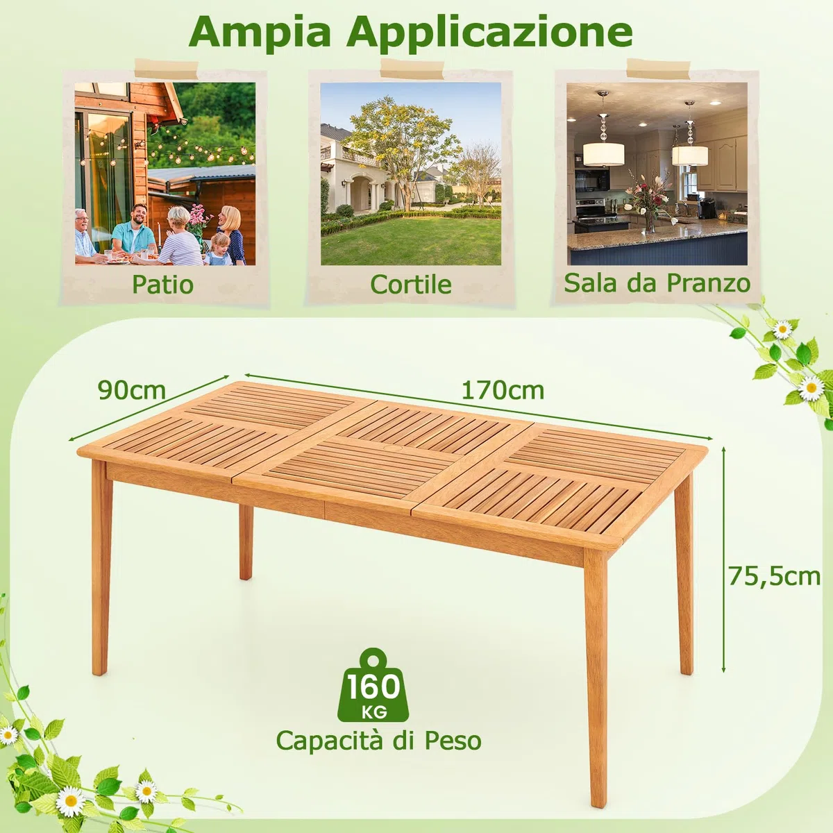 COSTWAY Tavolo Pranzo da Esterno 170 cm, con Foro per Ombrellone 5 cm, Tavolo Giardino in Legno Acacia a 6 Posti, per Giardino Patio, Portata 160 kg, 170 x 90 x 75,5 cm