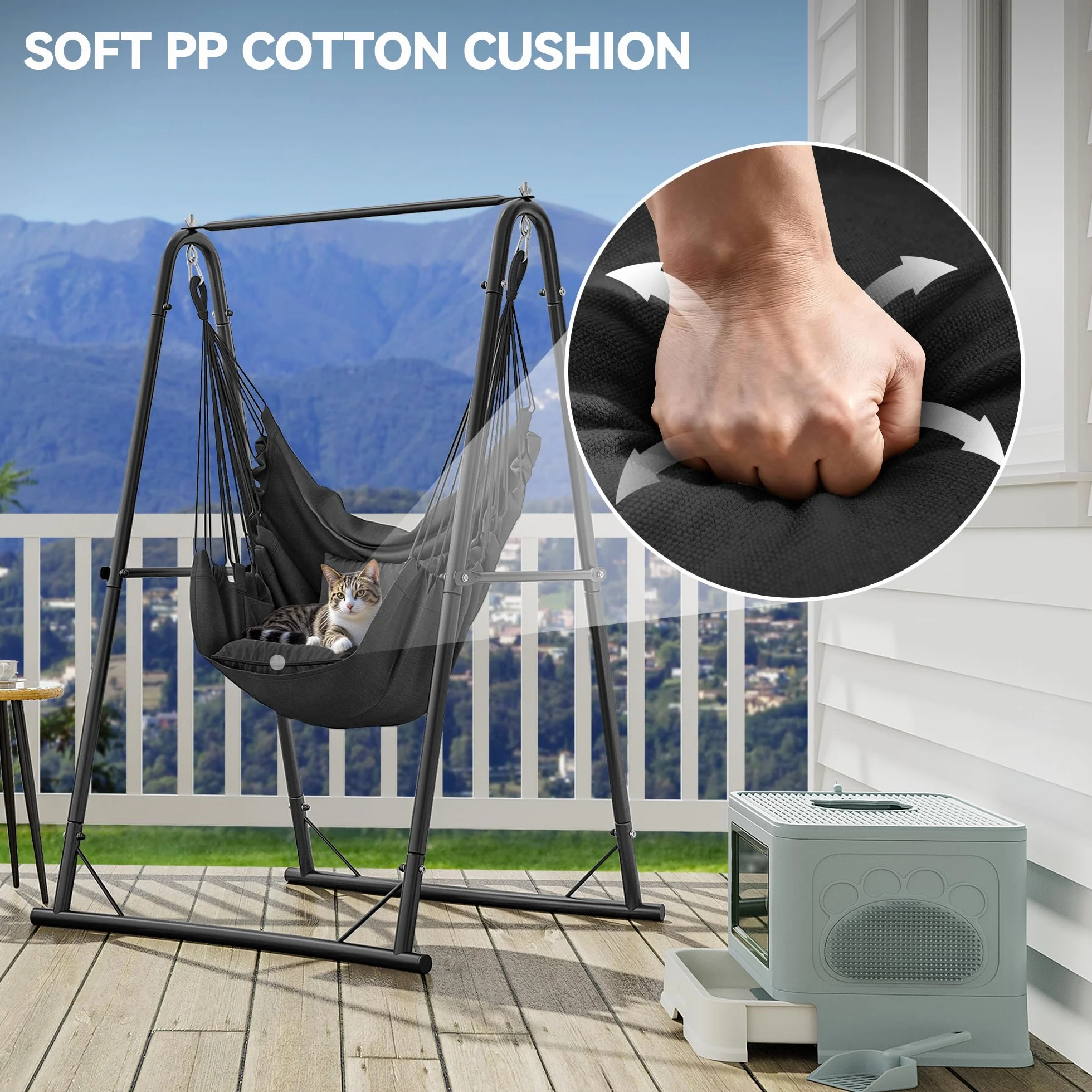 YITAHOME Poltrona sospesa con telaio 105 x 93 x 160 cm, stabile struttura in acciaio, supporto per amaca con altalena sospesa, carico massimo 150 kg, sedia a dondolo con 2 ganci e 2 cuscini per