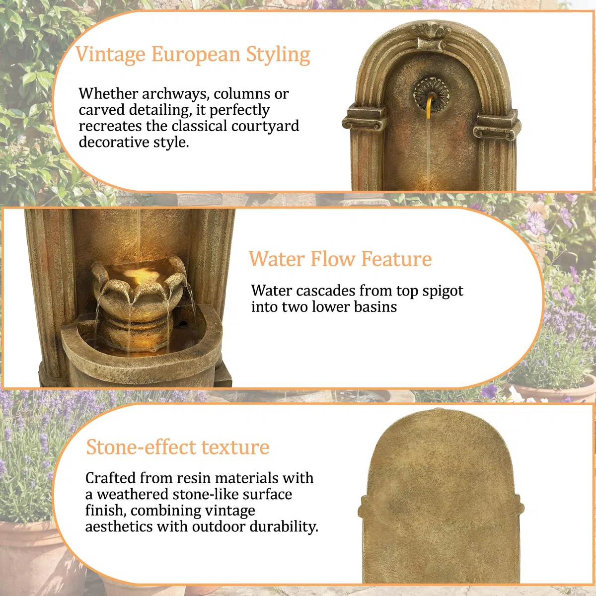 Fontana da giardino, fontana decorativa, stile antico, 230 V, gioco d'acqua per giardino, laghetto da giardino, terrazza, balcone, rubinetto, bacino, in piedi, design ad arco (marrone-1)