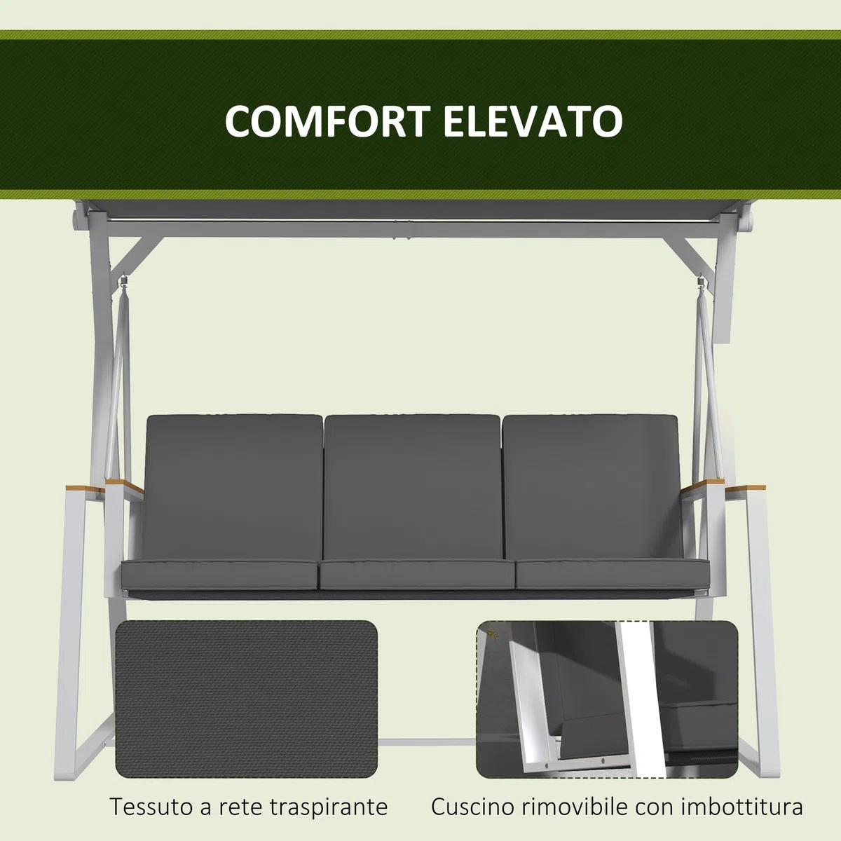 Outsunny Dondolo 3 Posti con Tettuccio Inclinabile e Cuscini, Dondolo da Giardino in Acciaio con Seduta Traspirante, 205x130x175 cm, Grigio Scuro