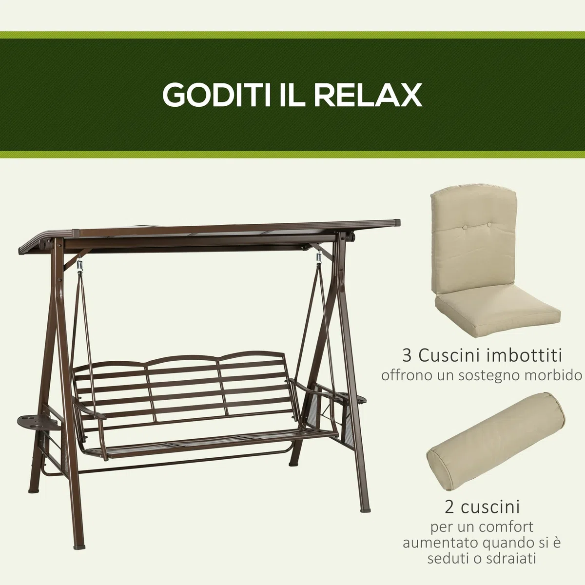 Outsunny Dondolo da Giardino 3 Posti in Acciaio e Poliestere con Tettuccio Inclinabile in PC e Cuscini per Schienale e Braccioli, 208x120x174 cm, Marrone e Kaki