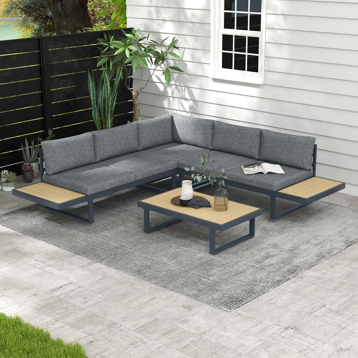 Outsunny Set da Giardino 4 Pezzi in Alluminio e Poliestere, Set da Esterno con 2 Divanetti 163x70x64 cm, Poltrona Angolare 70x70x64 cm e Tavolino da Caffè 102x60x30 cm, Grigio Scuro e Teak