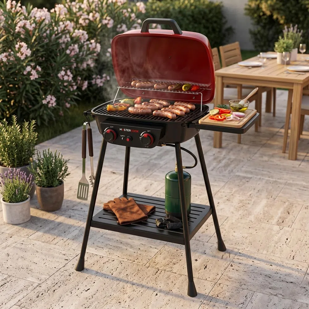 MasterCook - Barbecue a Gas 2 Bruciatori Rosso con Griglia in Ghisa e Scaldavivande, BBQ da Esterno con Accensione Piezoelettrica e Ruote, 76,8x51,9x90,4 cm