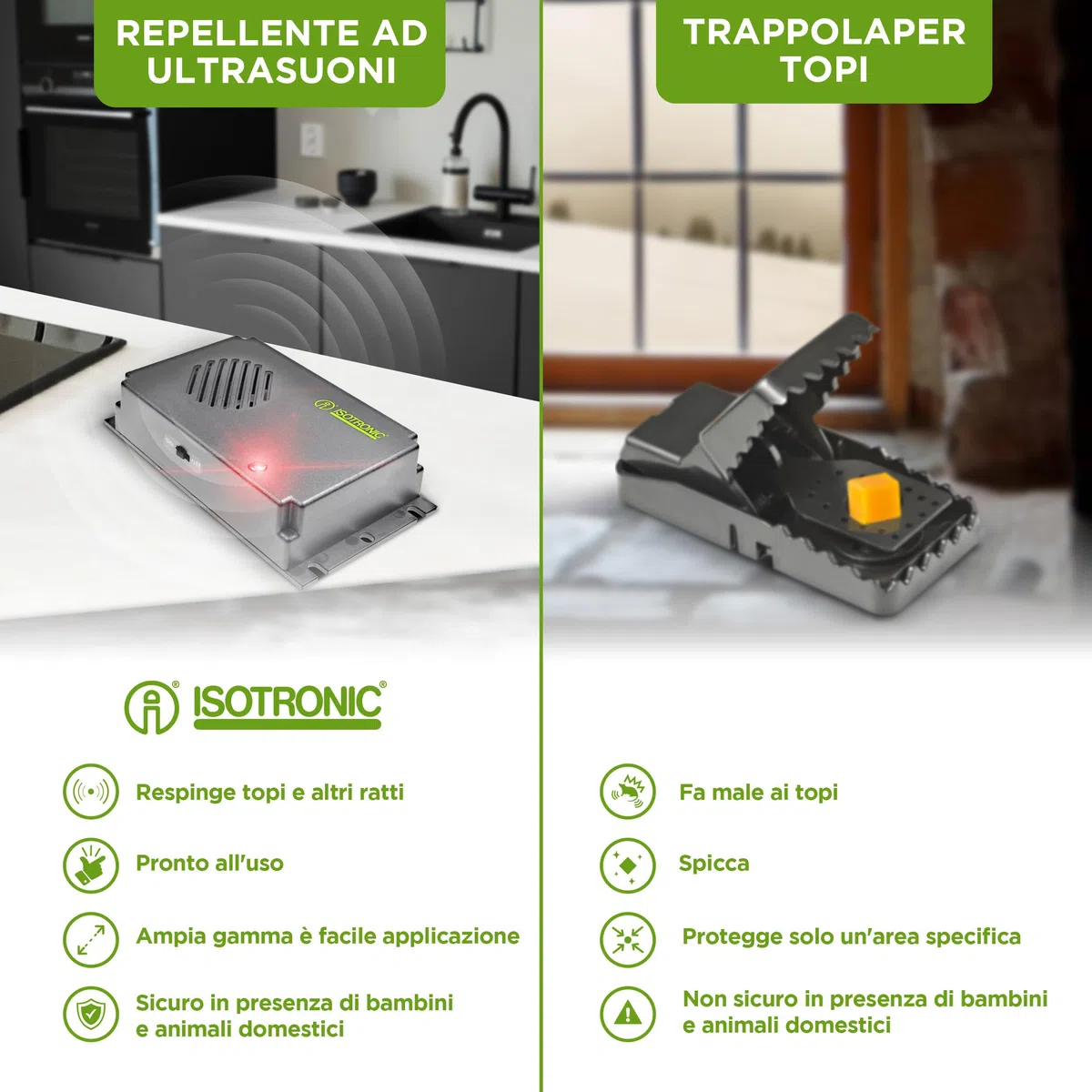 ISOTRONIC repellente topi ultrasuoni ratti disinfestante interni luce orientamento inclusa deterrente senza veleno trappola portata 30m² 1 unità efficace casa soffitta garage protezione difesa stop
