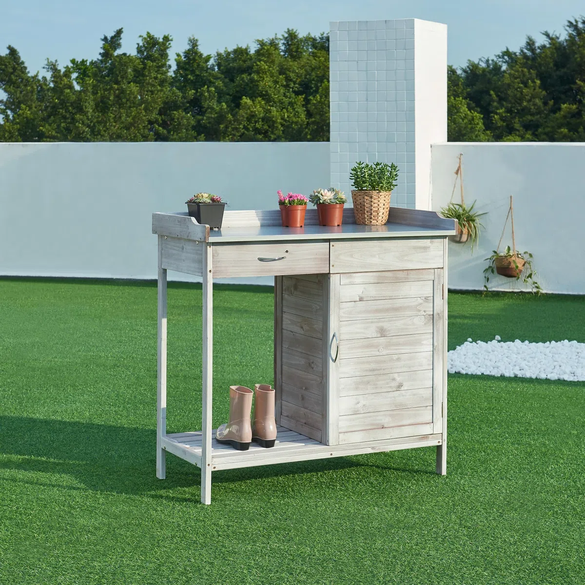 casa.pro Banco di Lavoro per Giardinaggio con Cassetto e Armadietto Ripiani Piano Tavolo di Lavoro da Giardino Orto in Legno di Abete - Grigio