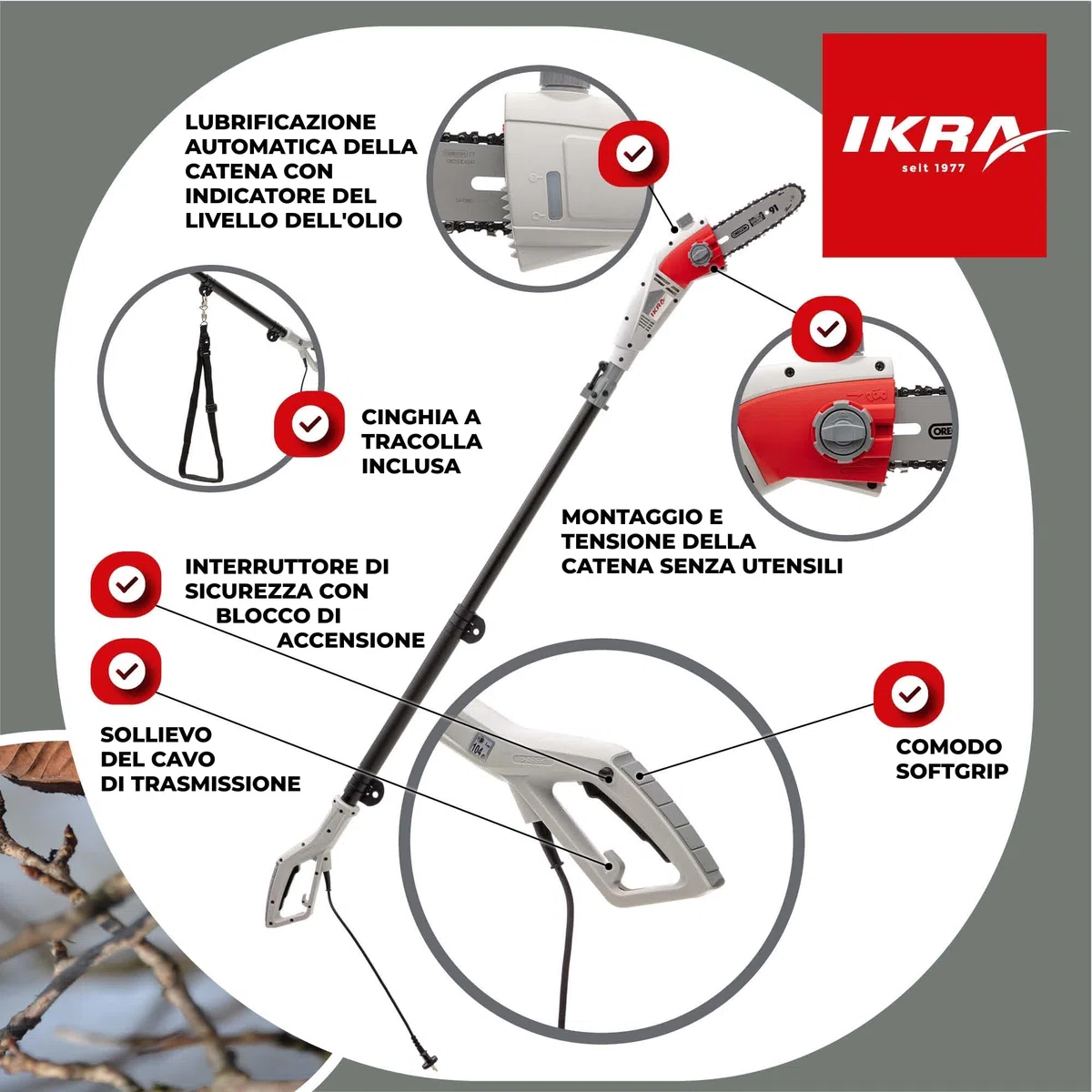 IKRA potatore telescopico elettrico IEAS 750, lunghezza di taglio 185 mm, con tracolla inclusa