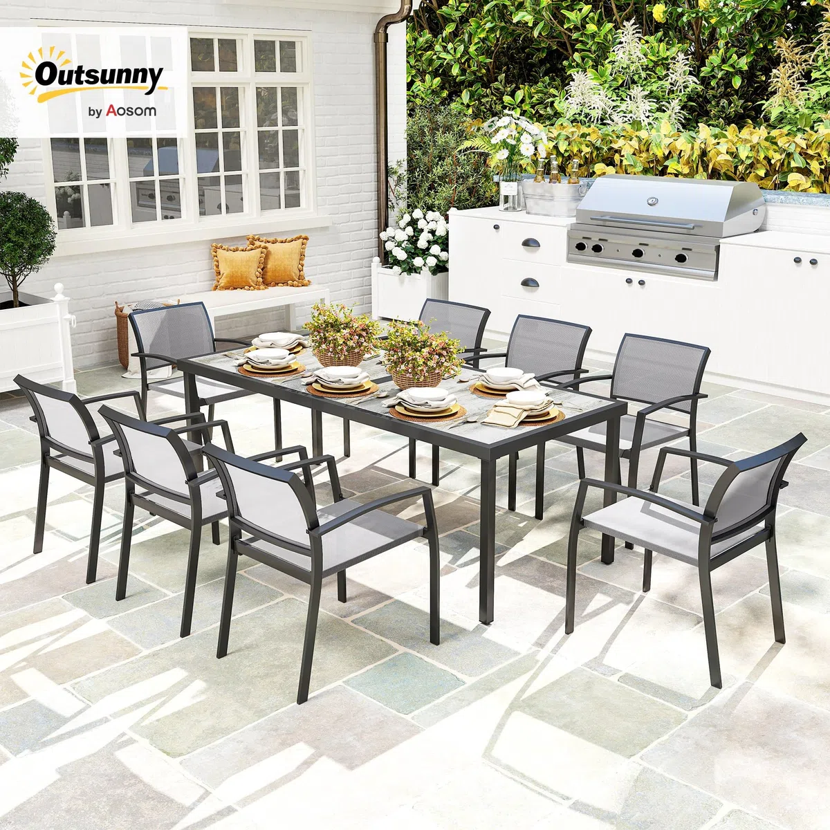 Outsunny Set Tavolo da Giardino con Sedie da 9 Pezzi, Set da Pranzo con Tavolo con Piano in PSPC, 8 Sedie da Esterno Impilabili con Braccioli, Set di Mobili in Acciaio e Textilene da Terrazza, Grigio