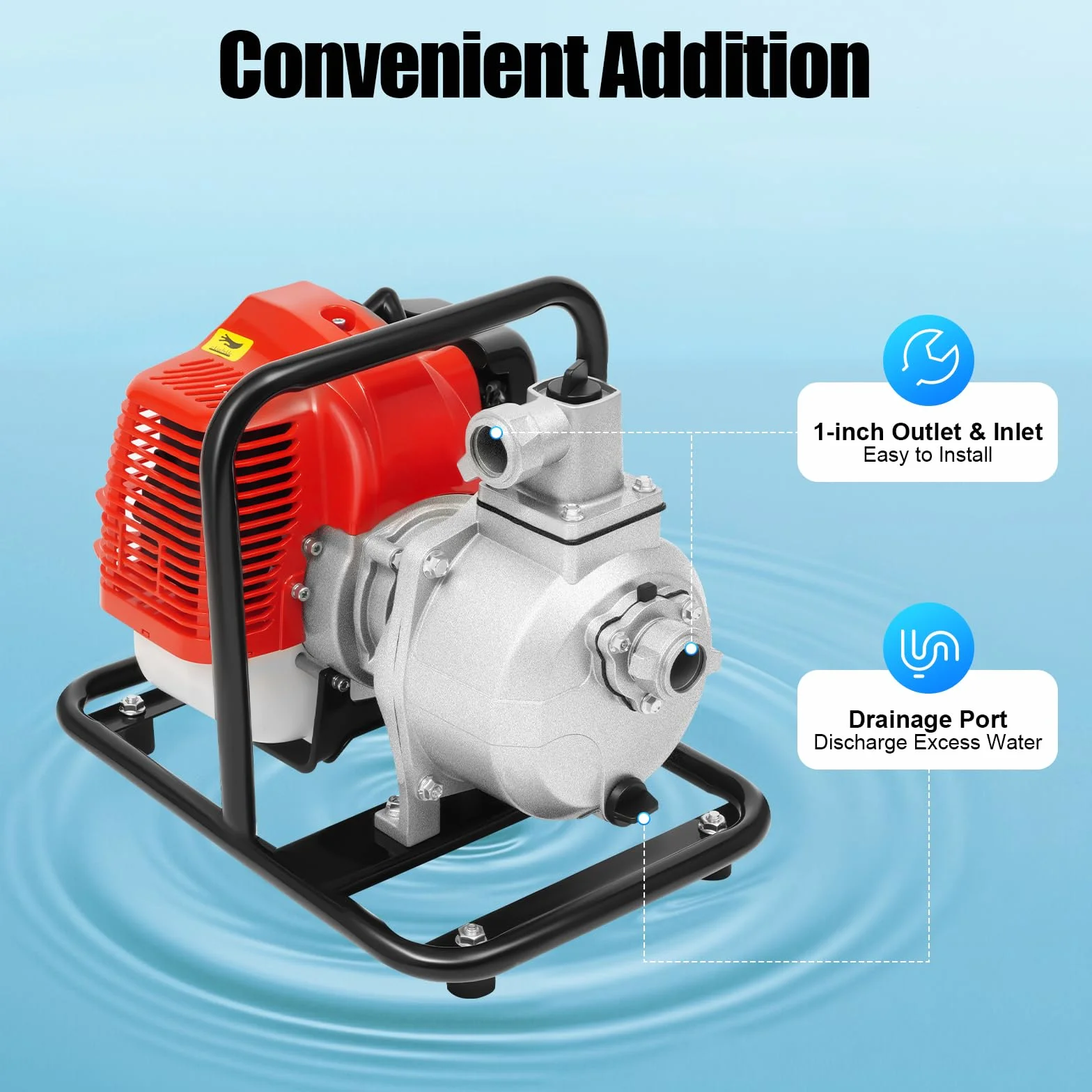 Pompa acqua benzina 1,25 kW/1,7 hp 8000 l/h 30 m, motore 2T, bottiglia olio, filtro | irrigazione/drenaggio (610 g carburante)