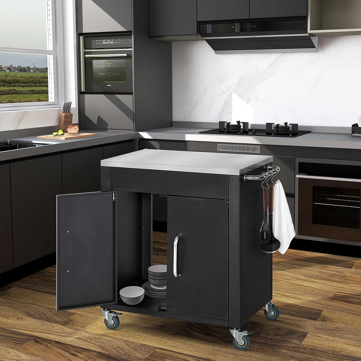 HOMCOM Carrello Barbecue con Piano in Acciaio Inox, Tavolo Cucina da Esterno con Ruote, Maniglia, 6 Ganci e Armadietto Contenitore, 86x50x86.5 cm, Nero