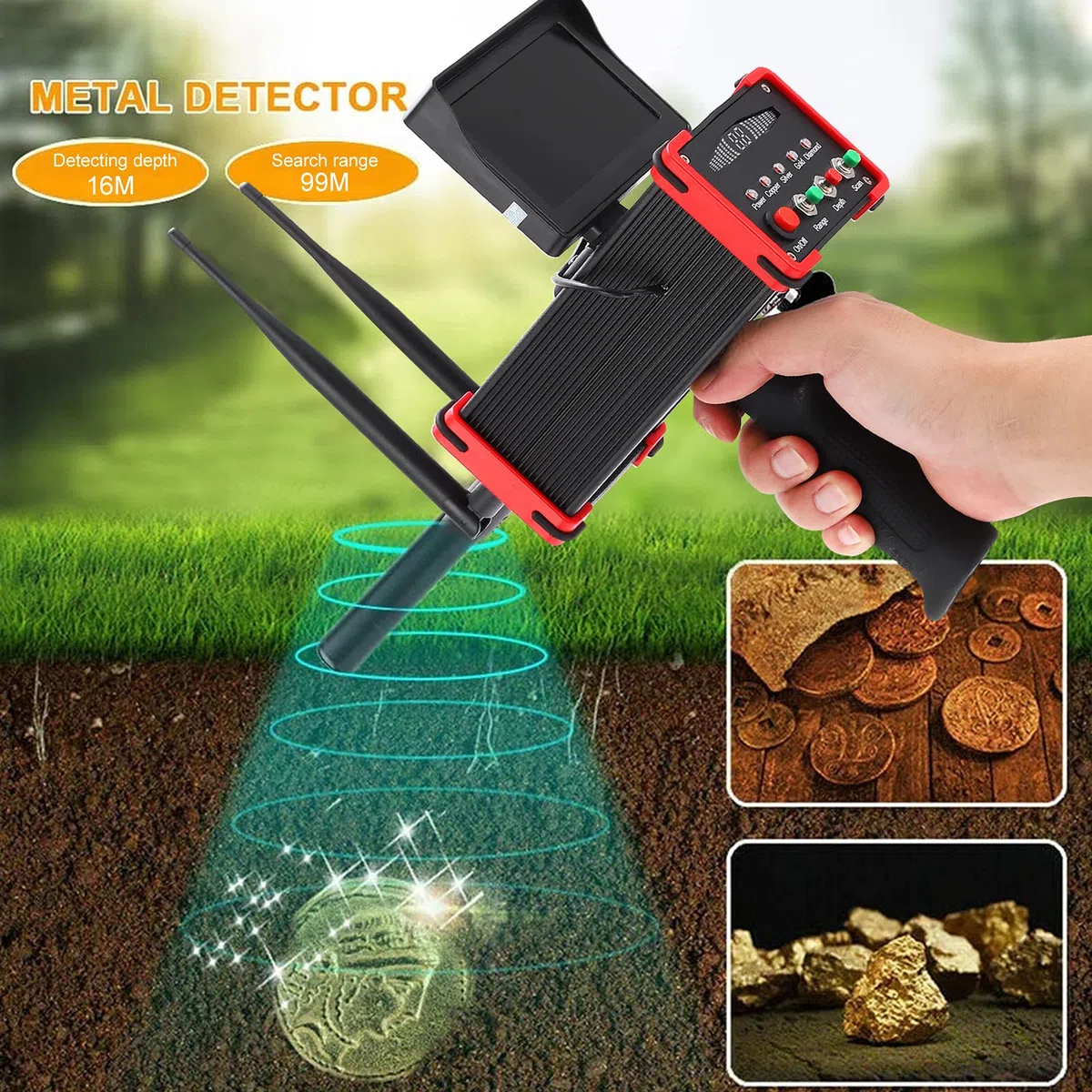 AKS Metal Detector,Portata 100 M profondità 16 M A Lungo Raggio Portatile Professionale Ad Alta Sensibilità Ricaricabile Rilevatore di Tesori in Metallo Sotterraneo Scanner Dorato Diamante con(EU)